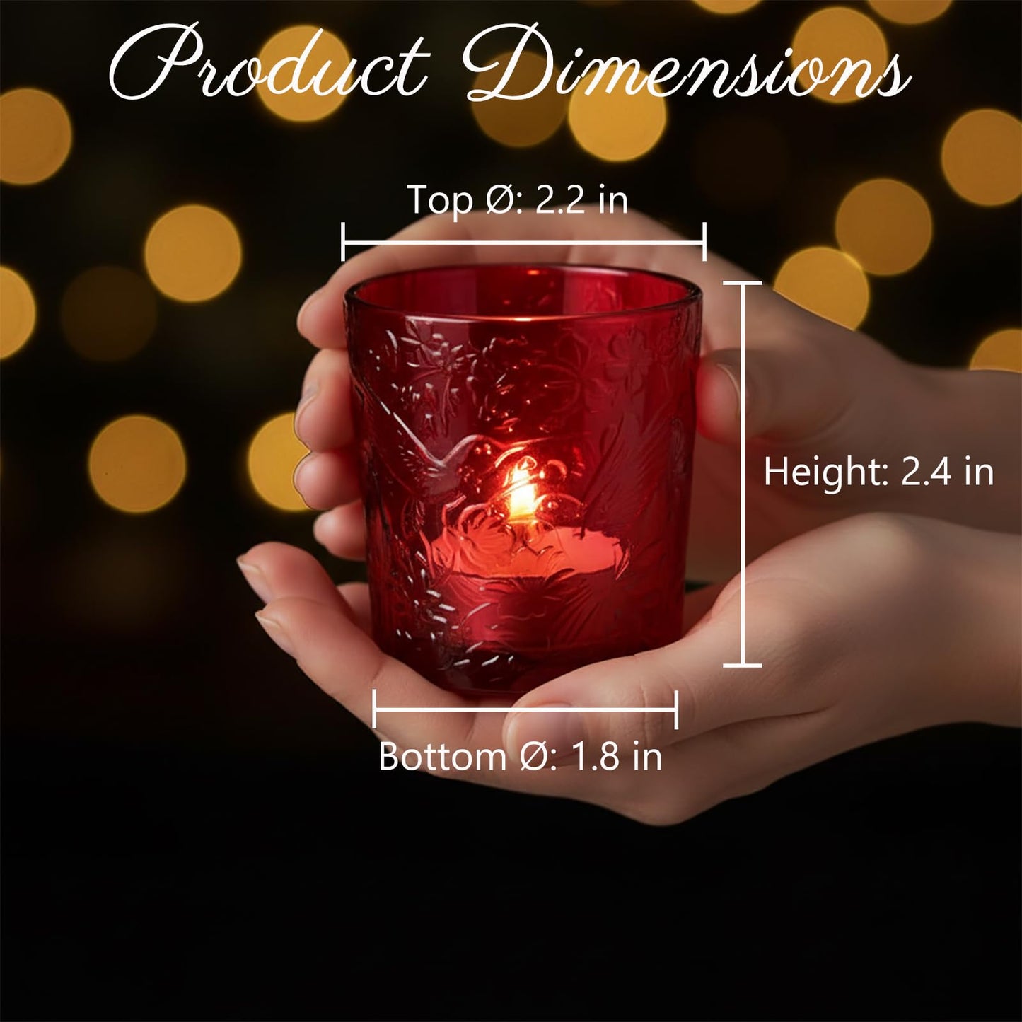 12 Pack Hummingbird Embossed Glass Candle Holders – Votive Tealight Holders with Patent Design, Decorative Embossed Glass Cups for Wedding Centerpieces, Parties, and Home Décor (Crimson Glow)