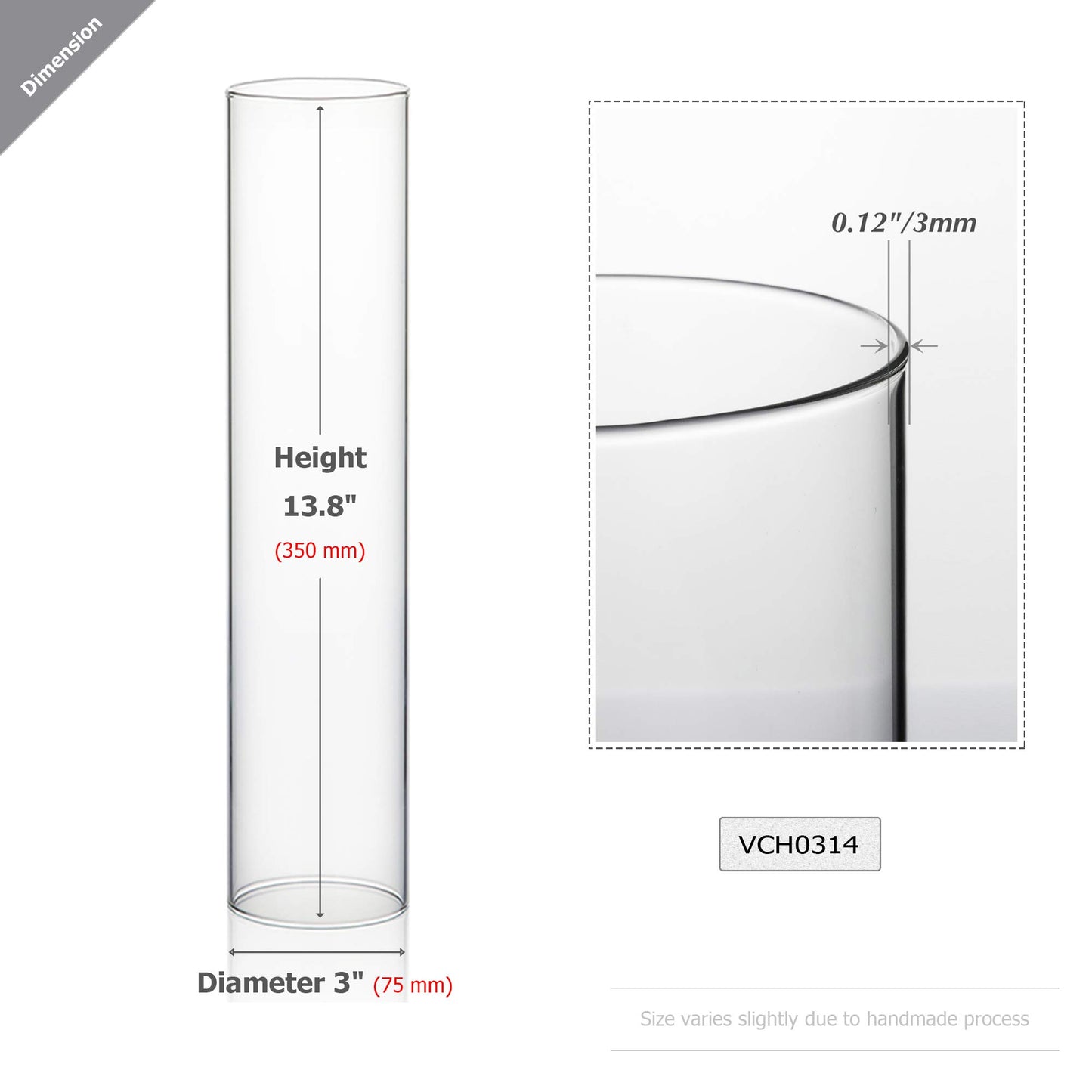 WGVI Hurricane Candle Holder Sleeve, Wide 3", Height 14", Clear Glass Cylinder Candleholder, Chimney Tube, Open Ended Candle Shade, 12 Pieces Bulk