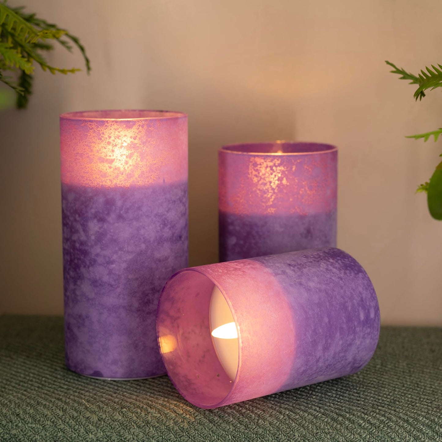 HJANDHJ Flickering Flameless Candles with 10-Key Remote - Sandblast Glass LED Pillar Candles with Timer, Real Wax Battery Operated Candles for Home Wedding Decorations (Purple, Set of 3)