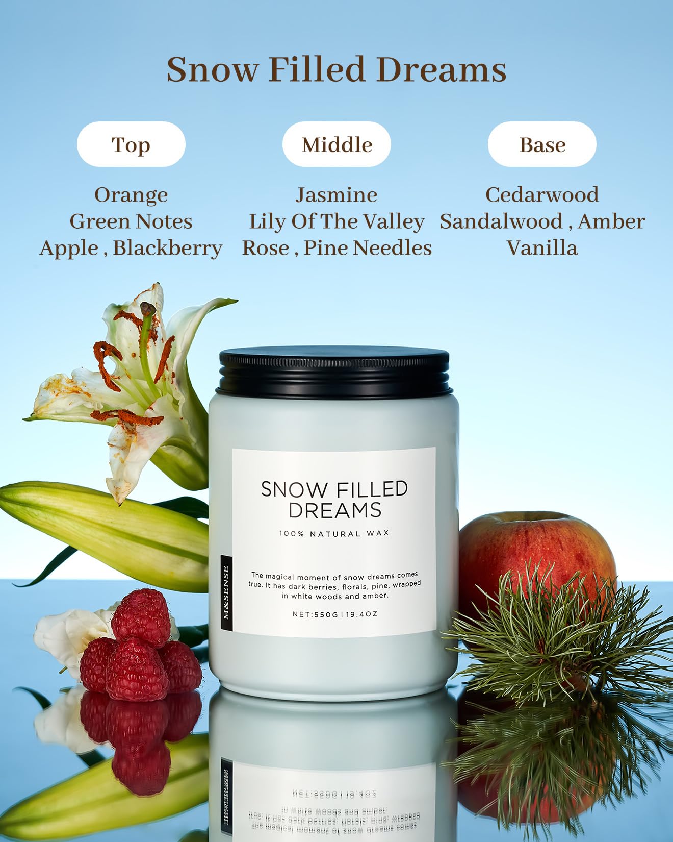 M&SENSE Snow Filled Dreams Winter Large Scented Candles, 19.4oz 110 Hour Clean Non Toxic Long Lasting Candle Organic Natural Soy Wax Candle Gifts for Women Men