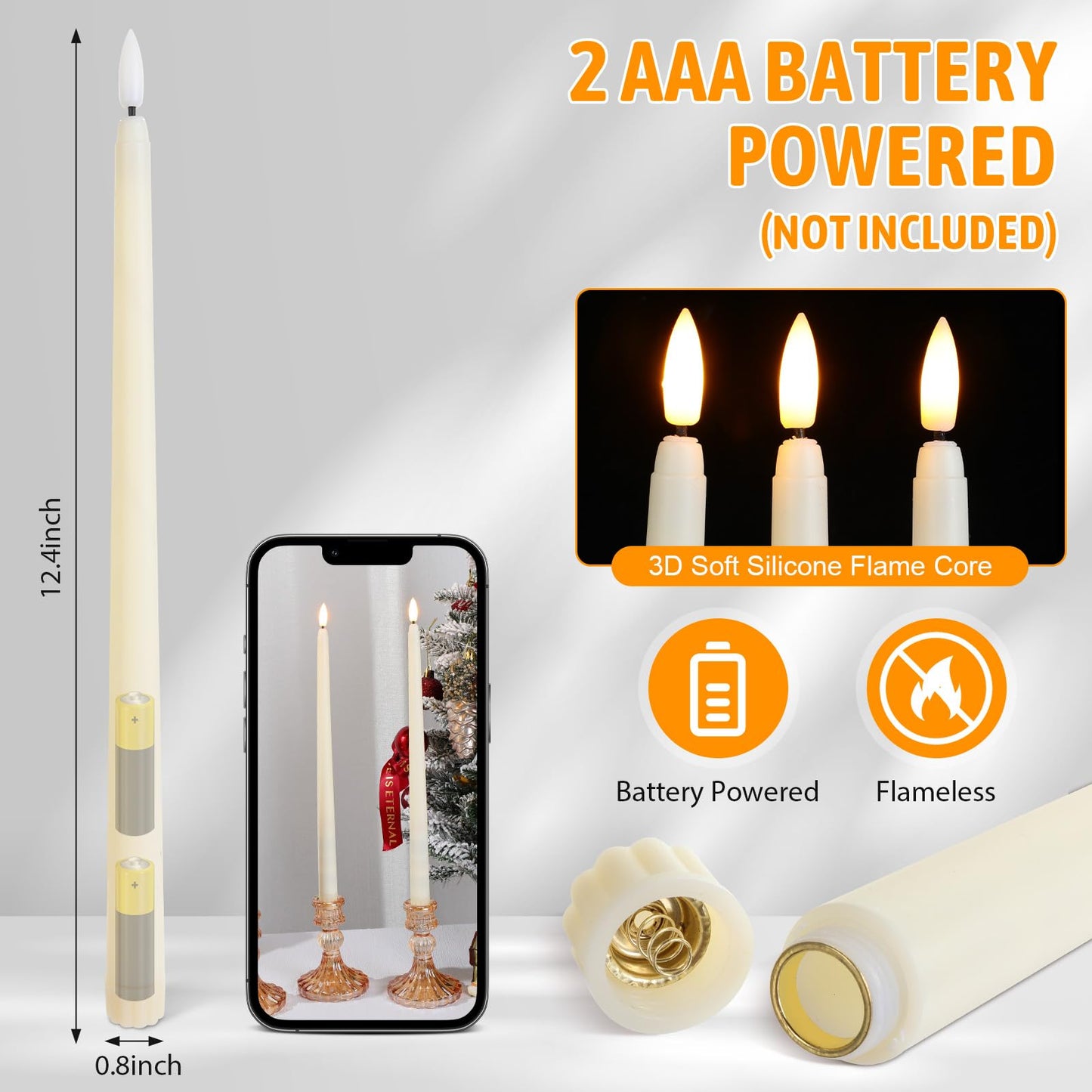 Baquler 50 Pcs Flameless Taper Candles Battery Operated Bulk 12.4 Ivory LED Taper Candles Flickering LED Candlesticks for Wedding Advent Halloween Christmas Party Decor