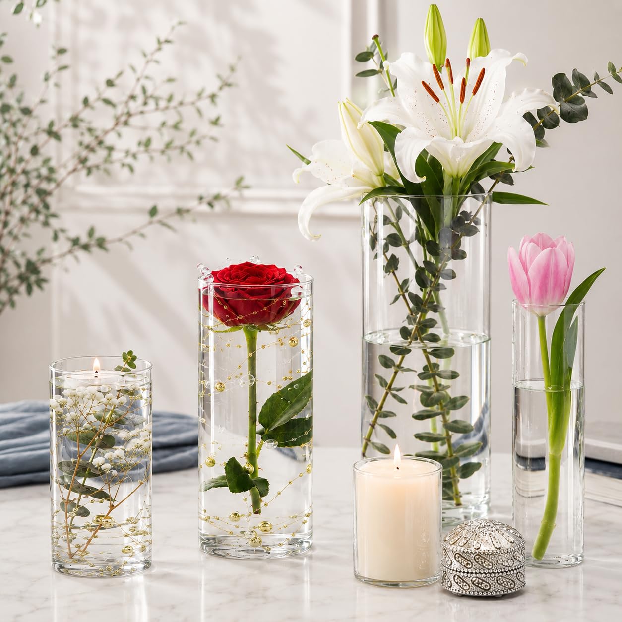 5pcs Glass Vase Cylinder Vases for Centerpieces Small Flower Glass Vases Home Decor Centerpiece Table Clear Flower Vase Decorations for Wedding＆Holiday 4,6,7.5,8,10 Inch Tall