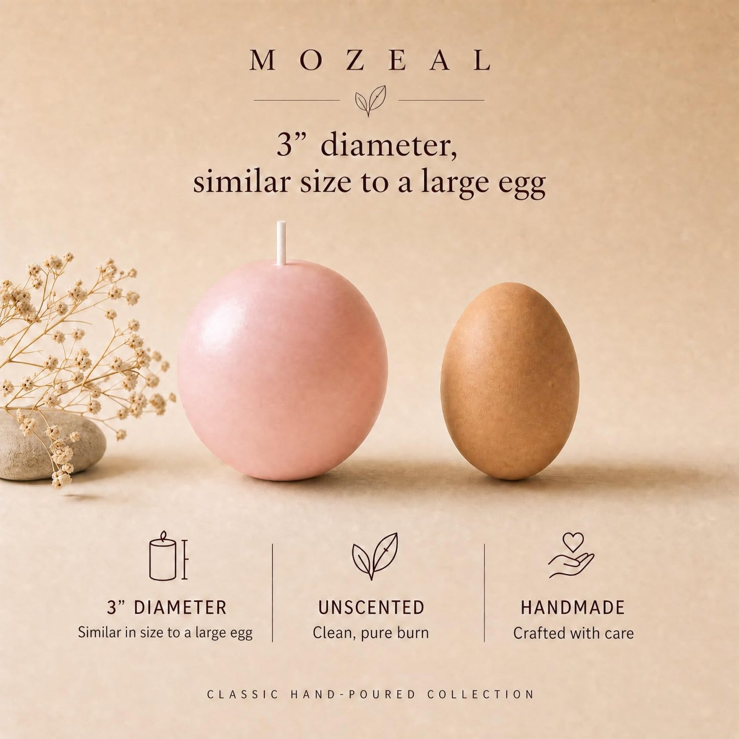 MOZEAL Hand-Poured, 3 Inch Pearl Blush Round Ball Candles - Elegant Pearl Blush Round Pillar Candles Set of 3, Dripless, Unscented, Smokeless, Ideal for Weddings and Elegant Celebrations.