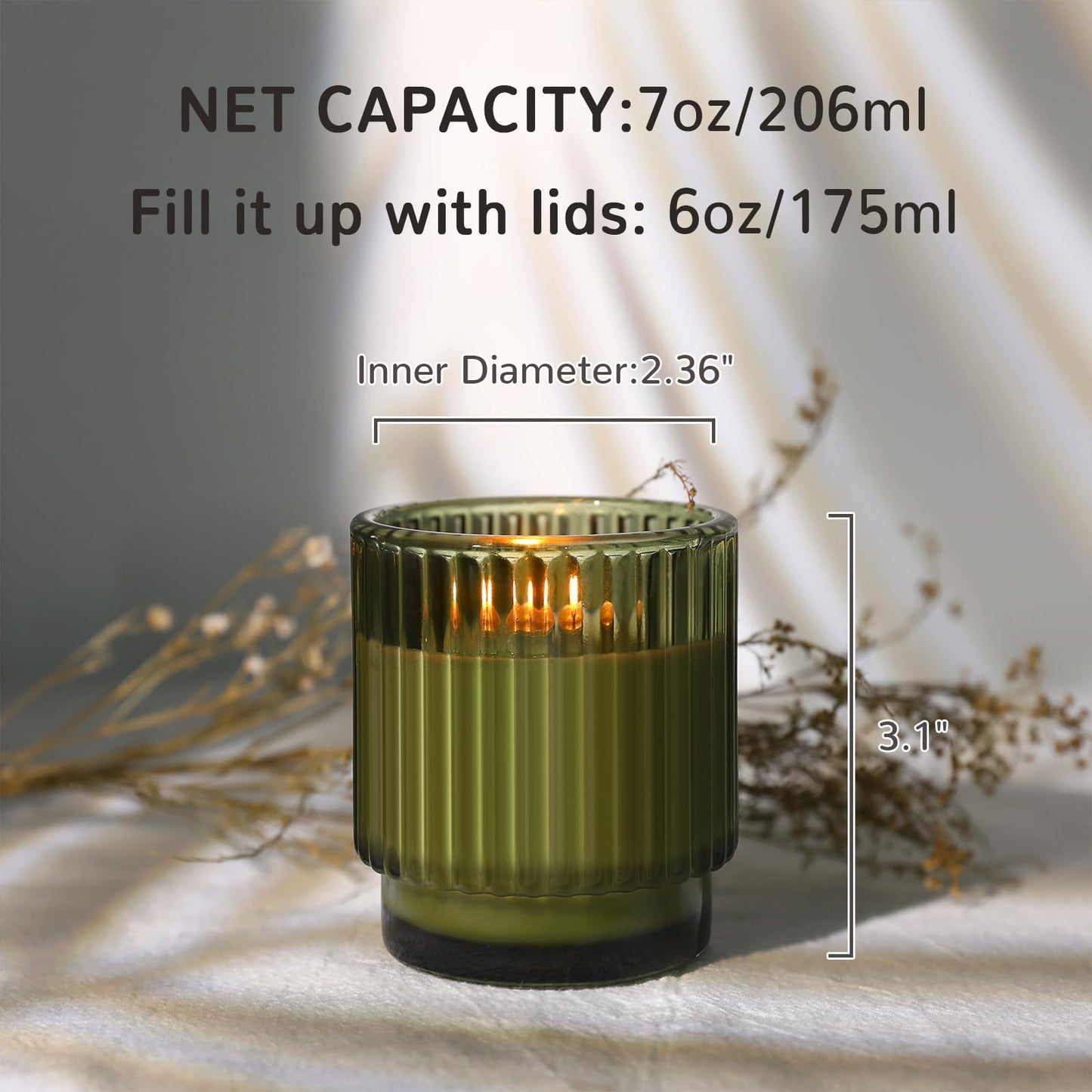 DEVI 7oz Empty Green Ribbed Glass Candle Jars - Set of 8, Glass Candle Containers with Bamboo Lids, Bulk Supplies for Gifts & Wedding Decorations