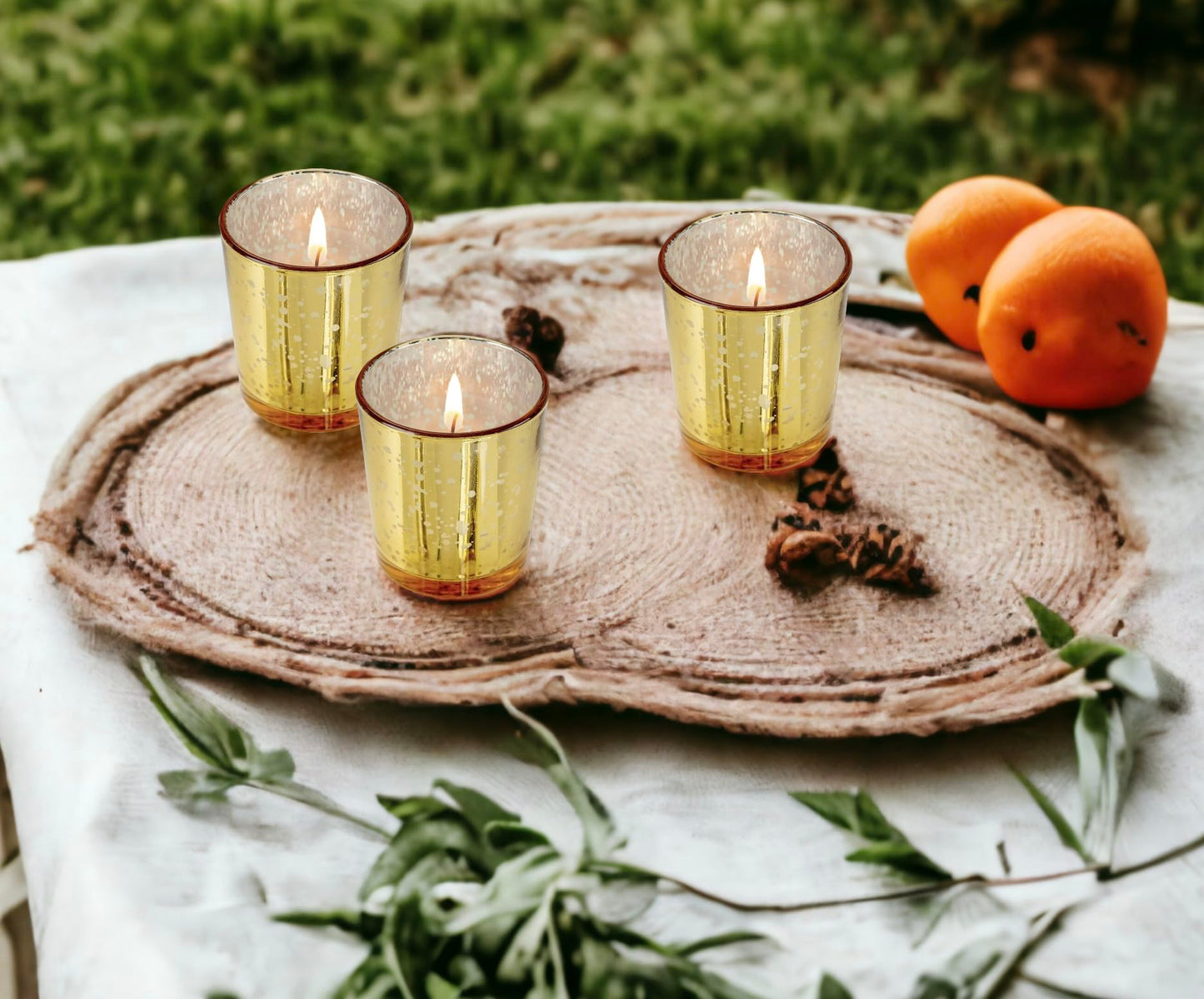 Mister Candle Unscented Gold Mercury Glass Votive Candles, 2" Filled Candle Jars for Centerpieces, Wedding Décor, Events, Home & Party Ambiance, Set of 12 Hand Made in USA