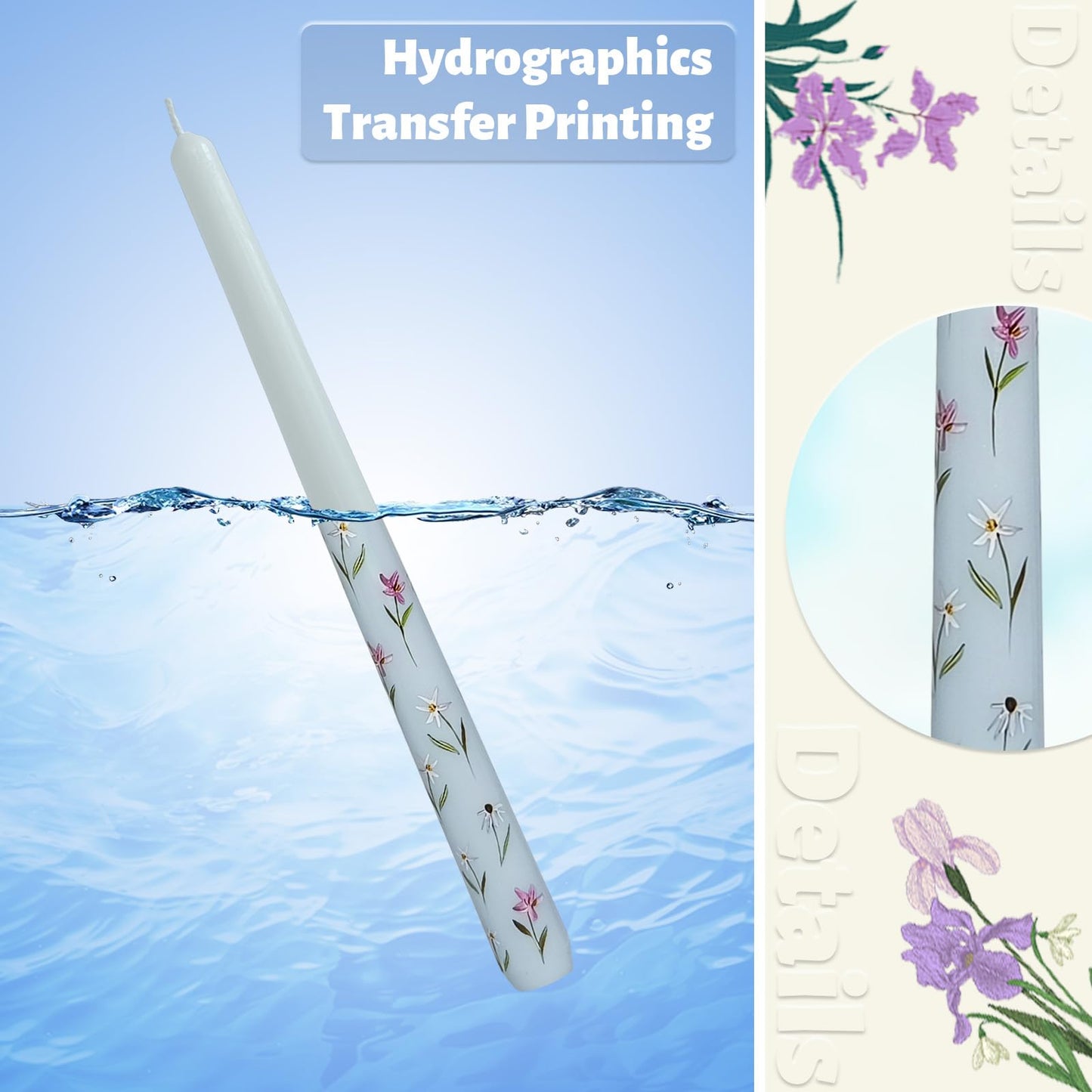 Taper Candles 10 Inch Print Candle Handmade Unscented Light Blue Iris Long Candles 2 Pack Twisted Candlesticks for Wedding Home Decoration Gifts