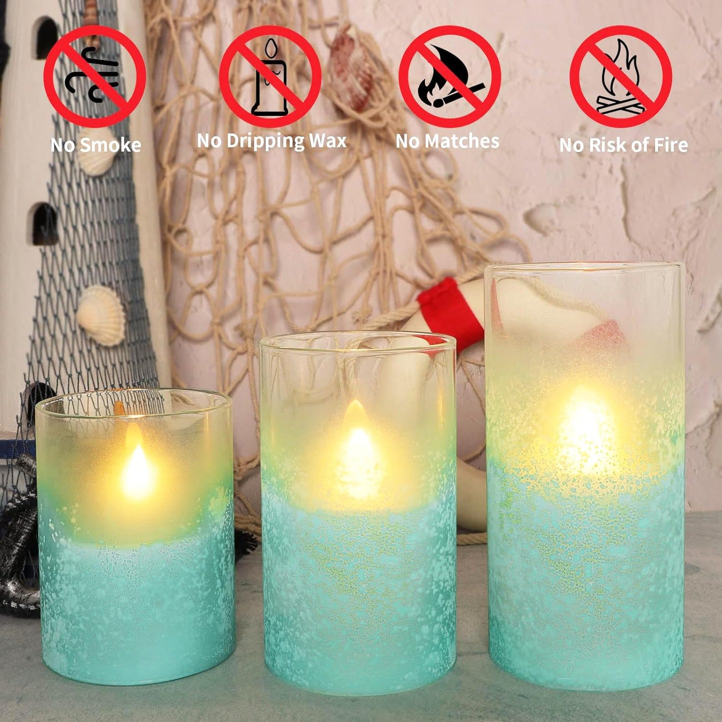 FLAVCHARM Blue Flameless Candles with Remote Aqua Glass Handmade Sandblast Battery Operated Candles Flickering Decorative LED Pillar Candles for Home Bathroom Coastal Theme Wedding Decorations