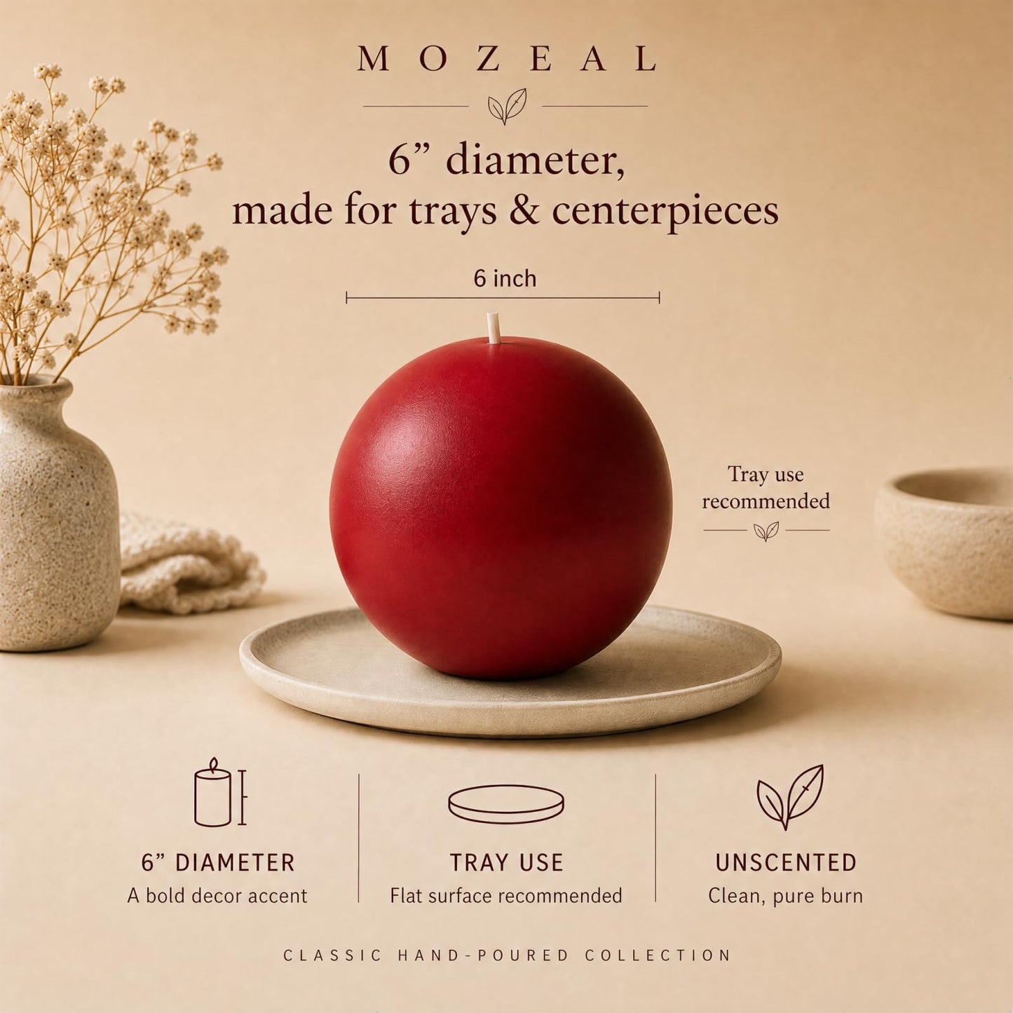 MOZEAL Hand-Poured, 6 Inch Red Large Round Ball Candles - Elegant Red Round Pillar Candles, Dripless, Unscented, Smokeless, Ideal for Valentine's Day and Christmas.