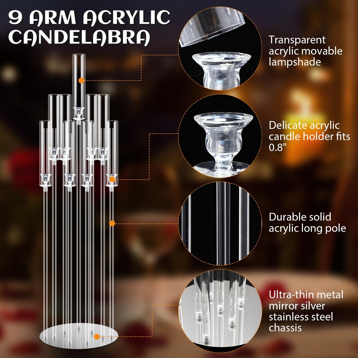 Tessco 4 Pcs 9 Arm 42.5" Acrylic Candelabra Table Centerpiece Floor Candelabras Clear Candle Holder with Removable Lampshade Wedding Candelabra Centerpiece Fit 0.8 LED
