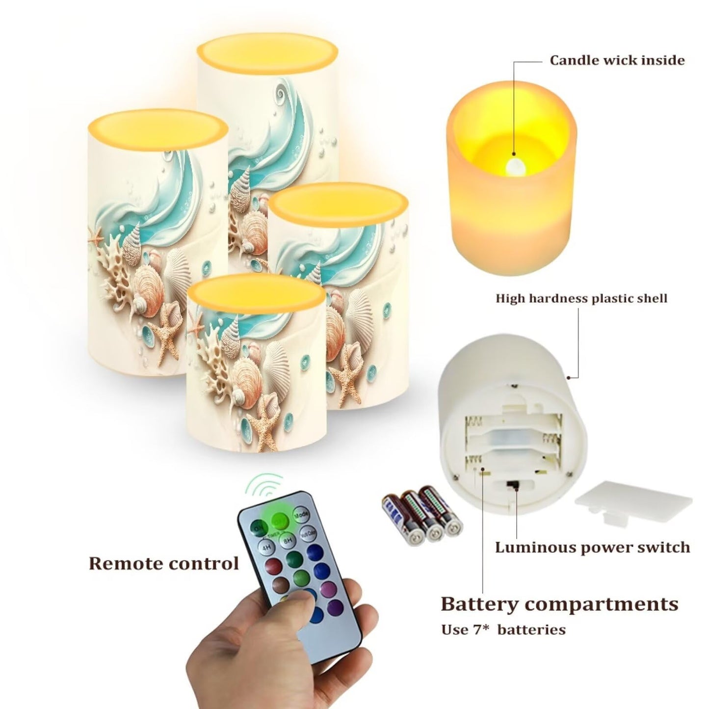 Merkmak Coastal Wave Shell Flameless Candles with Remote Battery Operated Candles with Timer Waterproof Flameless Pillar Tea Lights for Patio Porch Coastal Home Decorations