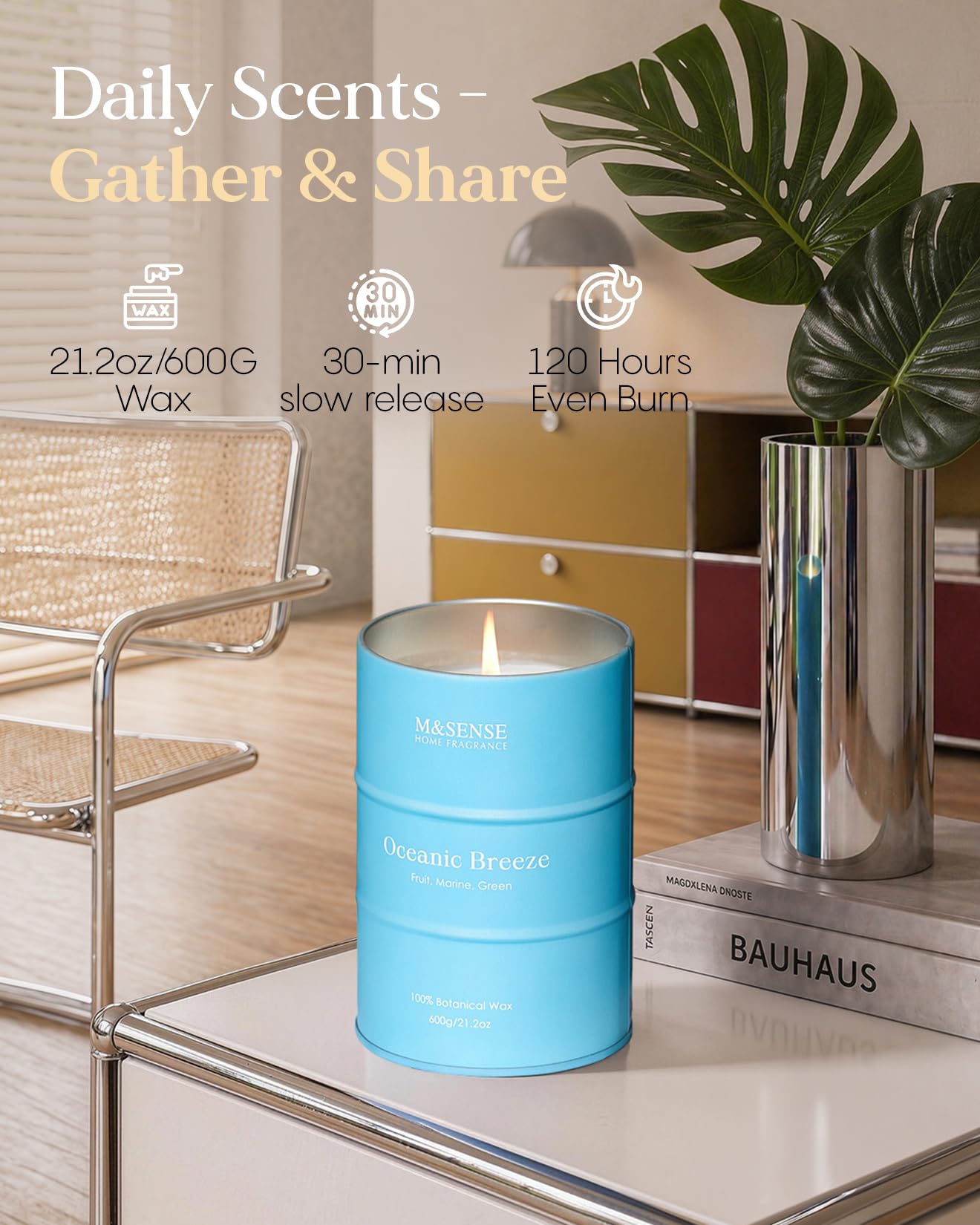 M&SENSE Oceanic Breeze Scented Candles Large Summer Candle, Beach Soy Candles 21.2oz 120 Hour Slow Burning,Aromatherapy Candle for Stress Relief Meditation Relaxing