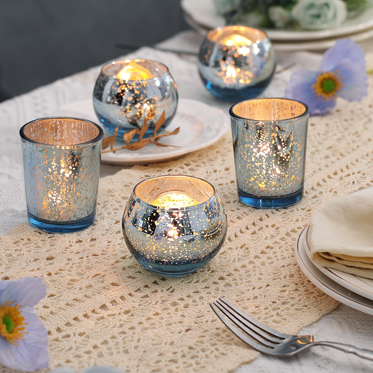 LETINE 36pcs Blue Votive Candle Holders - Elegant Mercury Glass Tea Light Candle Holder Set for Spring Summer Weddings, Holiday Season Decorations, Valentine's Day Table Centerpieces