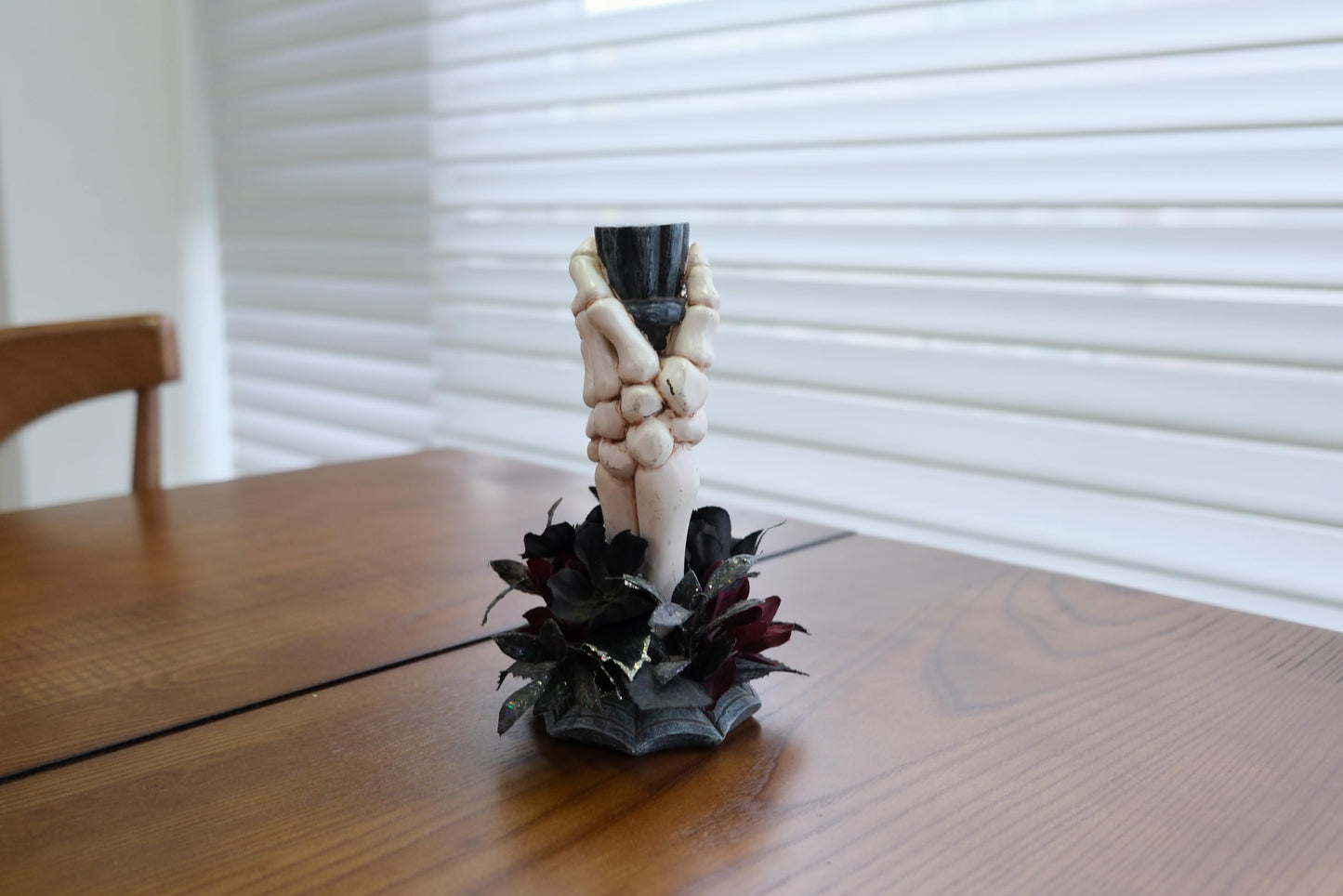 LushNook Halloween Candle Holder, Resin Skeleton Hand Candlestick with Black Faux Flower, Halloween Decor for Home Table, 7" Height