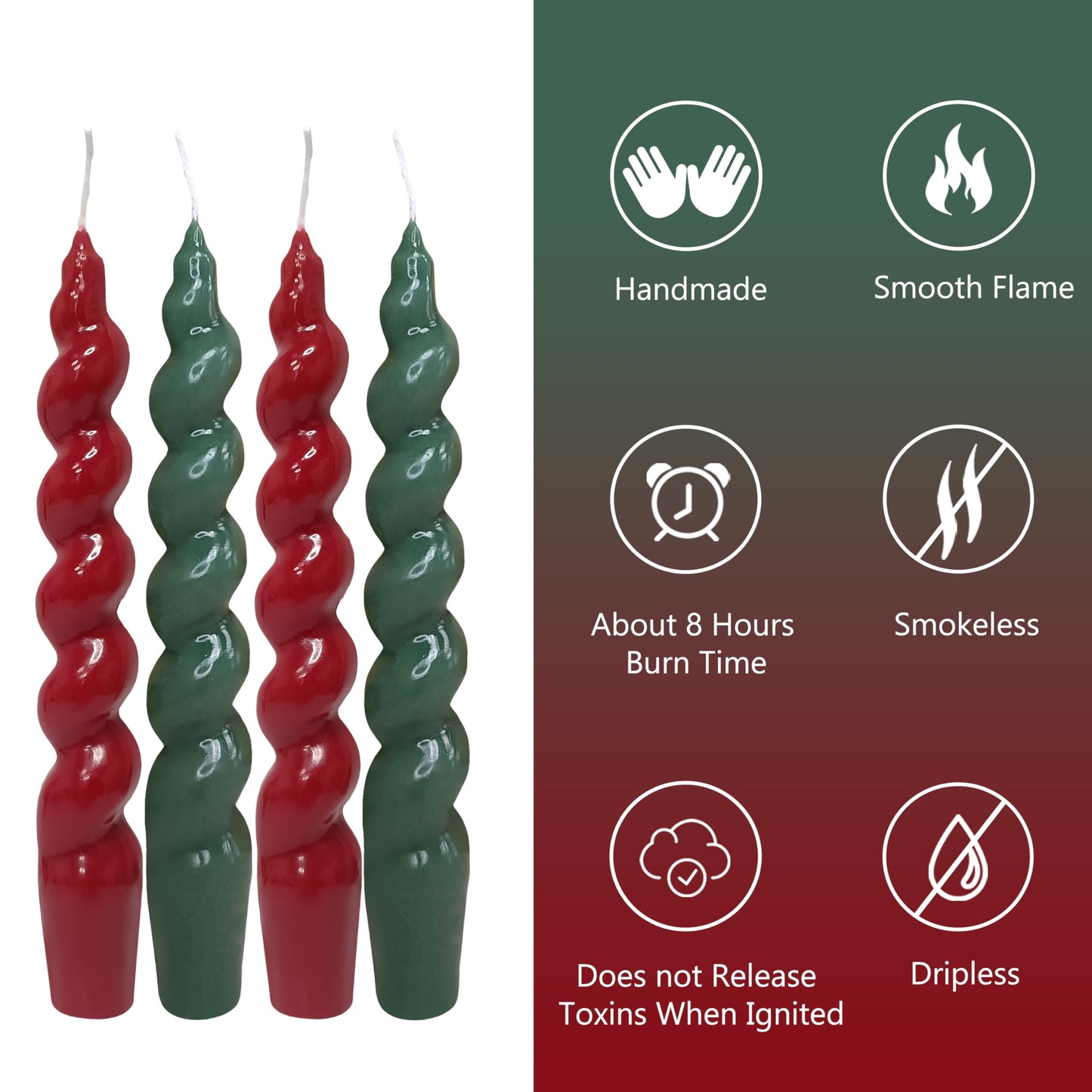 7.5 Inch Red and Green Spiral Taper Candles Set of 4, Handmade Unscented Twisted Dinner Candles for Candlestick Holders, Christmas Wedding Table Decor