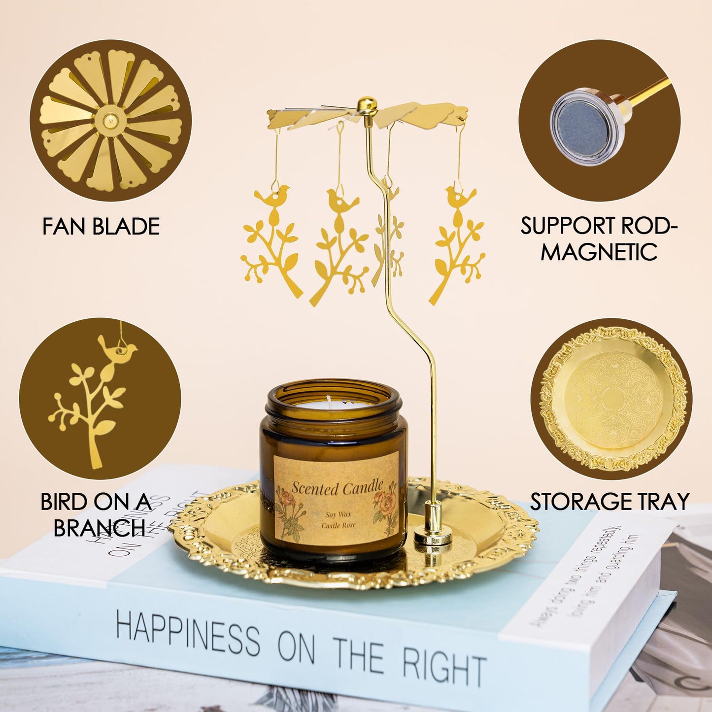 Rancco Spinning Candle Holder with Tray, Gold Candle Carousel, Heat-Powered Metal Candlestick Holders for Table Centerpiece, Wedding, Christmas, Valentine's Day, Party Decor (Bird on a Branch)