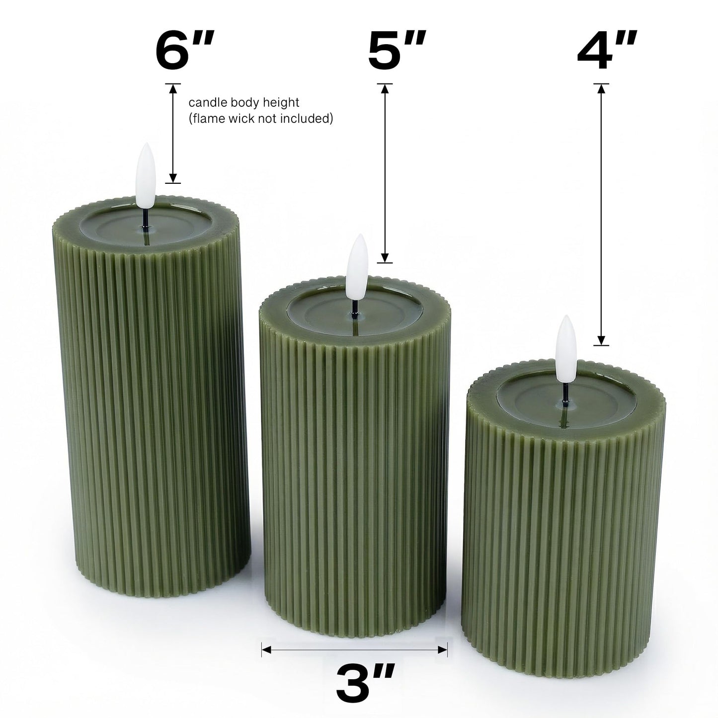 WYZworks Ribbed Fluted Real Wax Flameless LED Pillar Candles, Loden Sage Olive Green, Melted-Wax Top Look, Flickering Flame, Battery Operated, Remote & Timer, Shelf & Wedding Decor (Set of 3)
