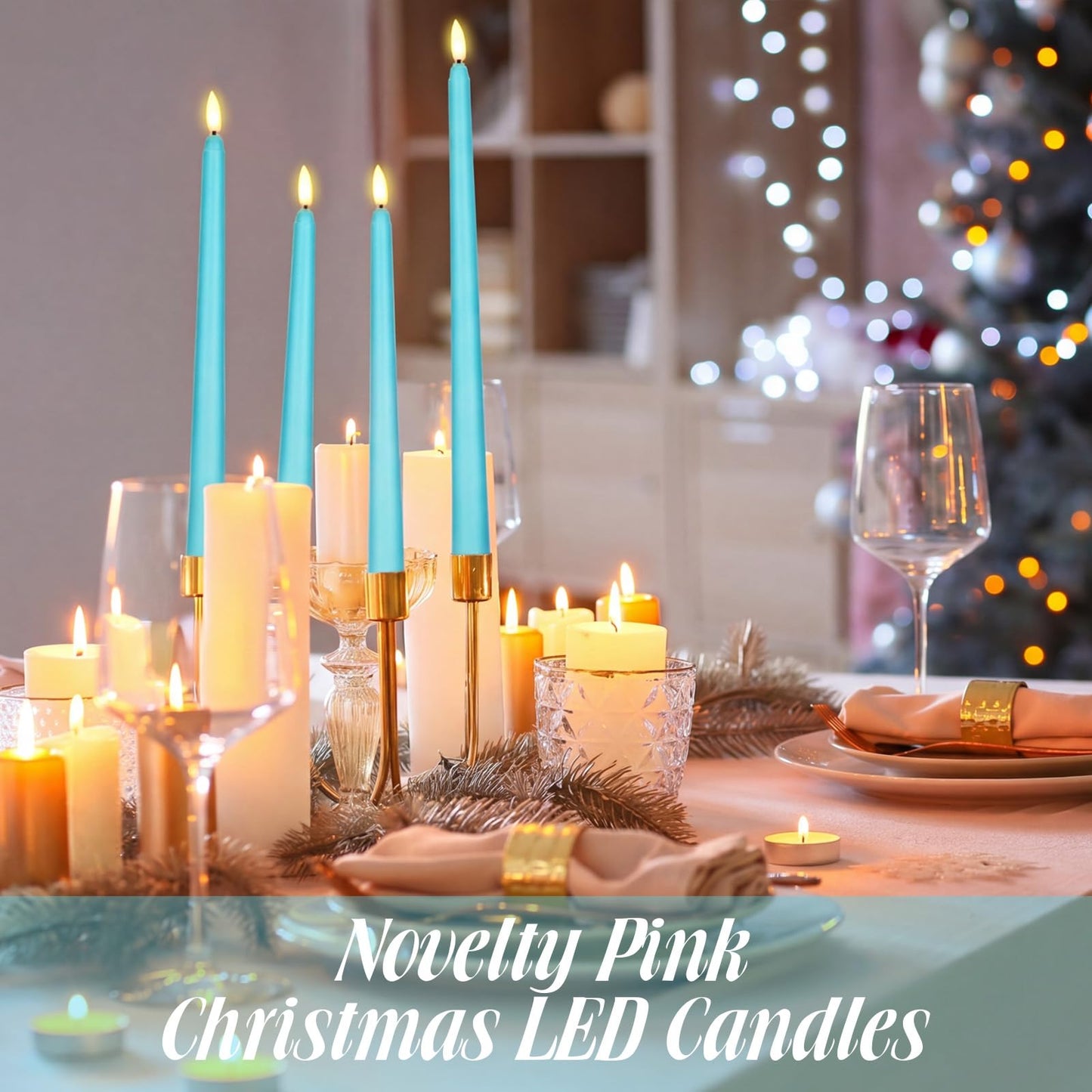 Rossesay 24 Pcs Flameless LED Taper Candles Battery Operated Candle 8.5", 9.65", 10.8", 12.8" Flameless Candlesticks Flickering for Christmas Church Wedding Indoor Decoration(Classic, Turquoise)