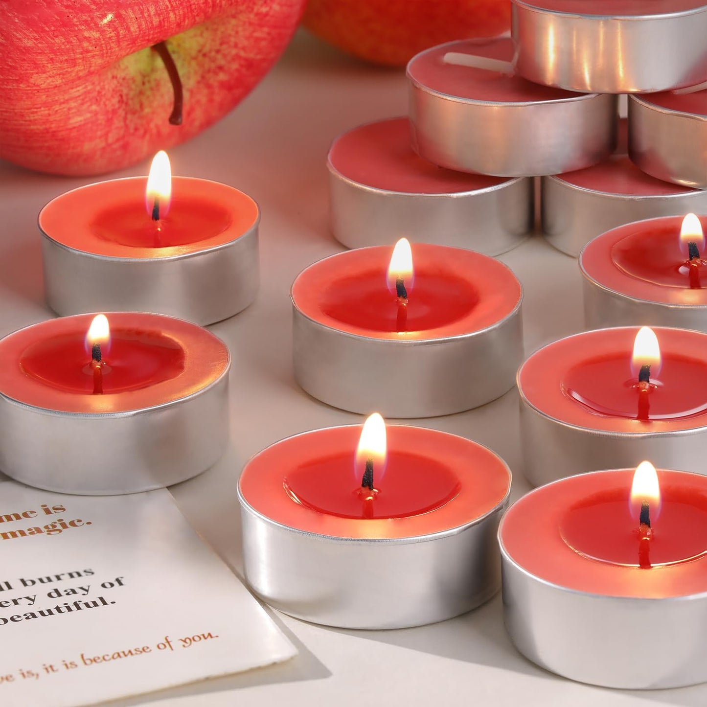 HAVITI 15 Pcs Apple Scented Tealight Candles, Red Tea Lights Candles, 4H Smokeless Palm Wax Tea Candle for Weddings,Christmas,Advent, Spa, Bath