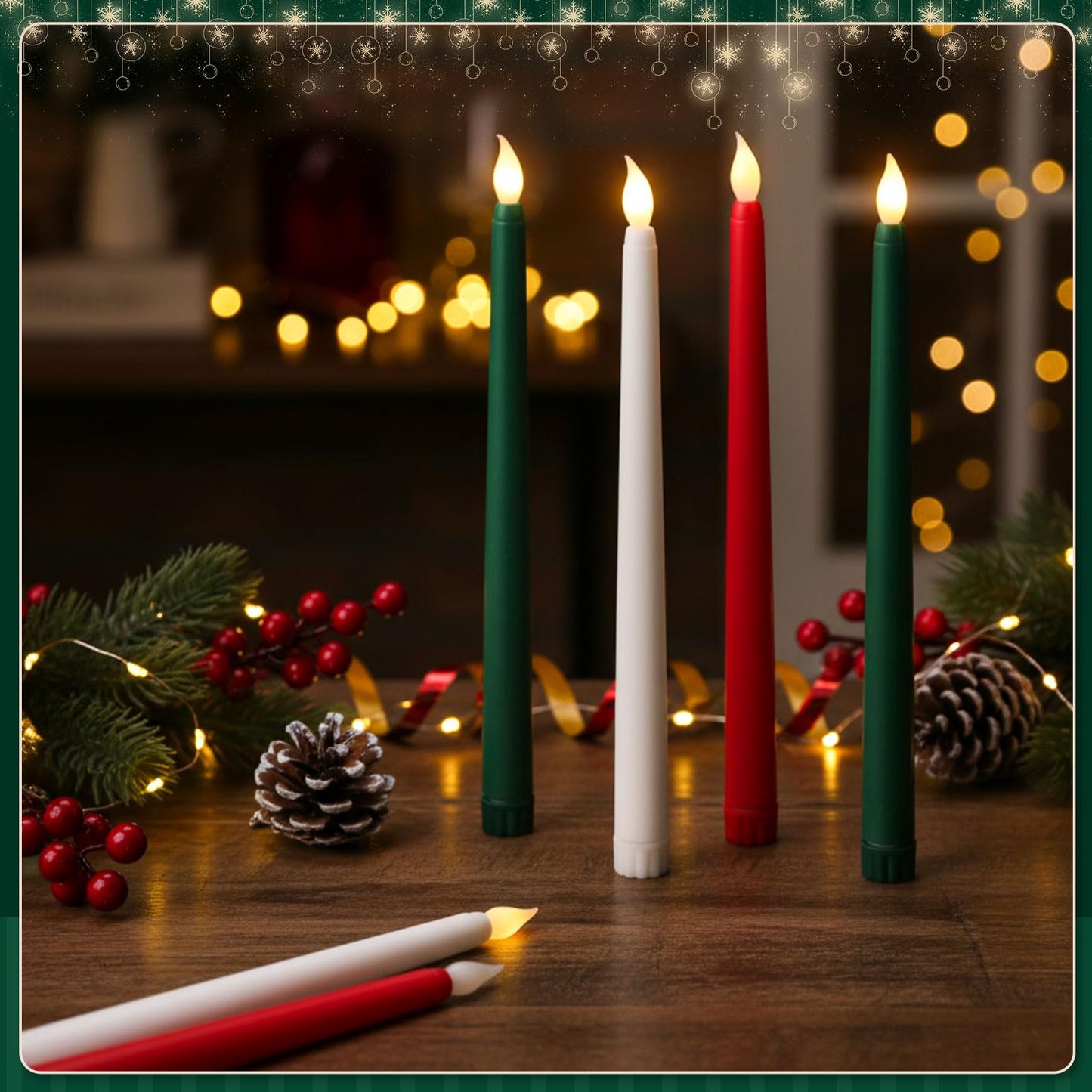 Baquler 6 Pcs 11'' Christmas Flameless Taper Candles Green Red White Battery Operated Candles LED Plastic Flickering Candlesticks for Christmas Wedding Church Dinner Home Decor
