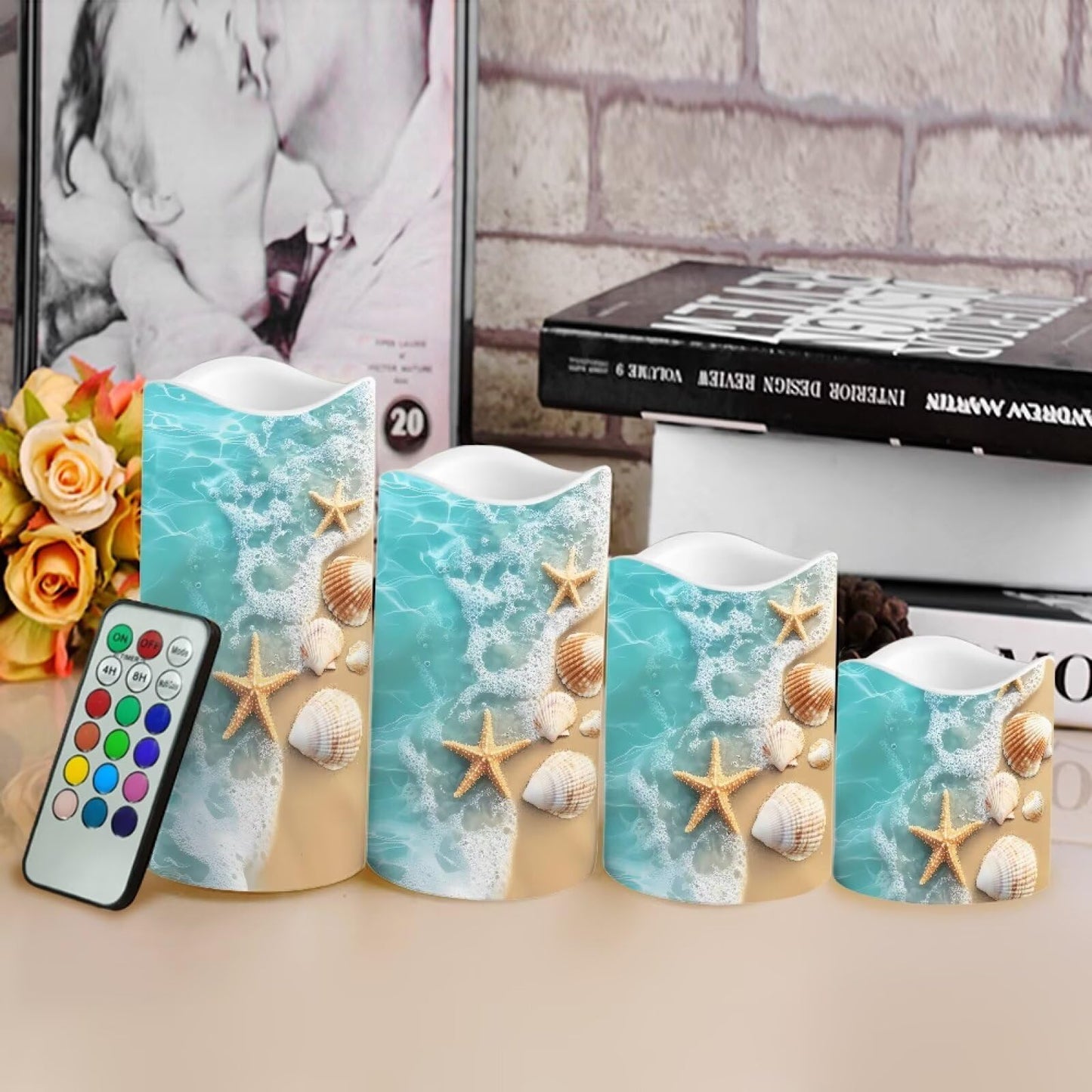 Cozeyat Sea Star Rustic Wedding LED Candles 4 Pack Battery Operated Flameless with Remote Control Timer Color Changing Waterproof for Indoor Outdoor Beach
