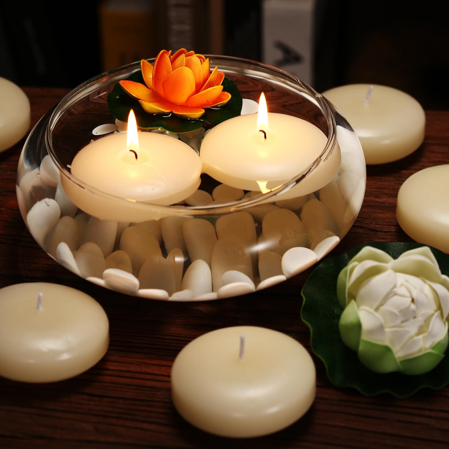 qinxiang 24 Pack Floating Candles, 3” Ivory Unscented Dripless Wax Burning Candles, for Cylinder Vases, Weddings, Party and Holiday …