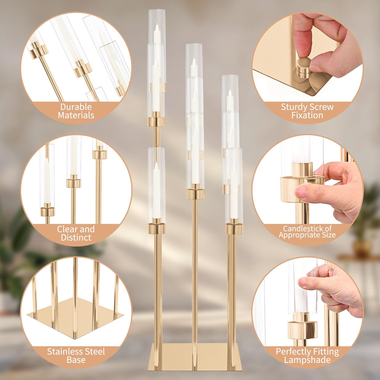 2 Sets Gold 9-Arm Metal Candelabra with Acrylic Shades – 32" High Floor Candle Holders, Each Set Includes 9 Bases & 9 Lampshades, Multi-Level Design for Wedding & Party Centerpieces