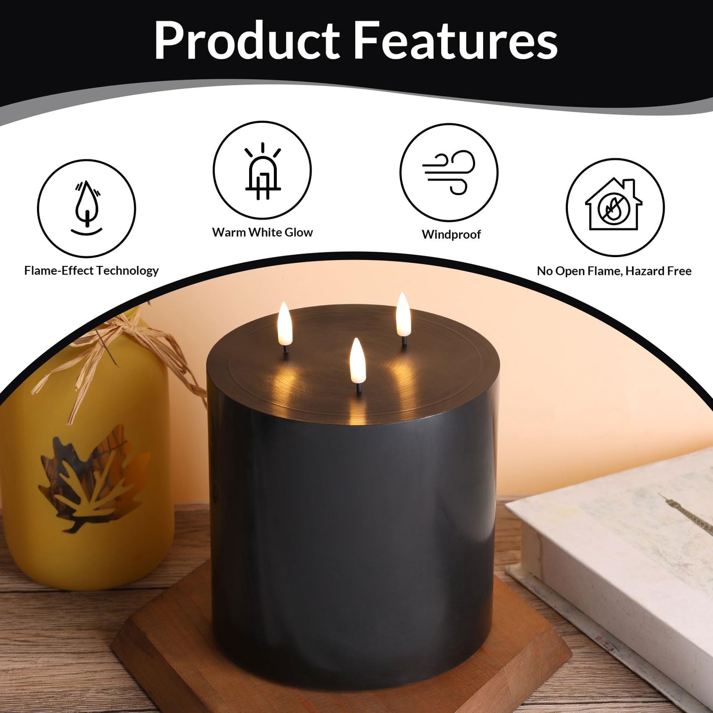 Eywamage 3 Wick Black Flameless Pillar Candle with Remote, Flickering Large Battery LED Wax Candle Φ 6" H 6"