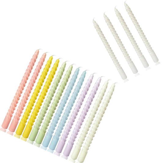 10 Inch Cream Spiral Taper Candles for Home Decoration, 12 Pack Candy-Color and 4 Pack White Candlesticks for Dinner Party Wedding Holiday
