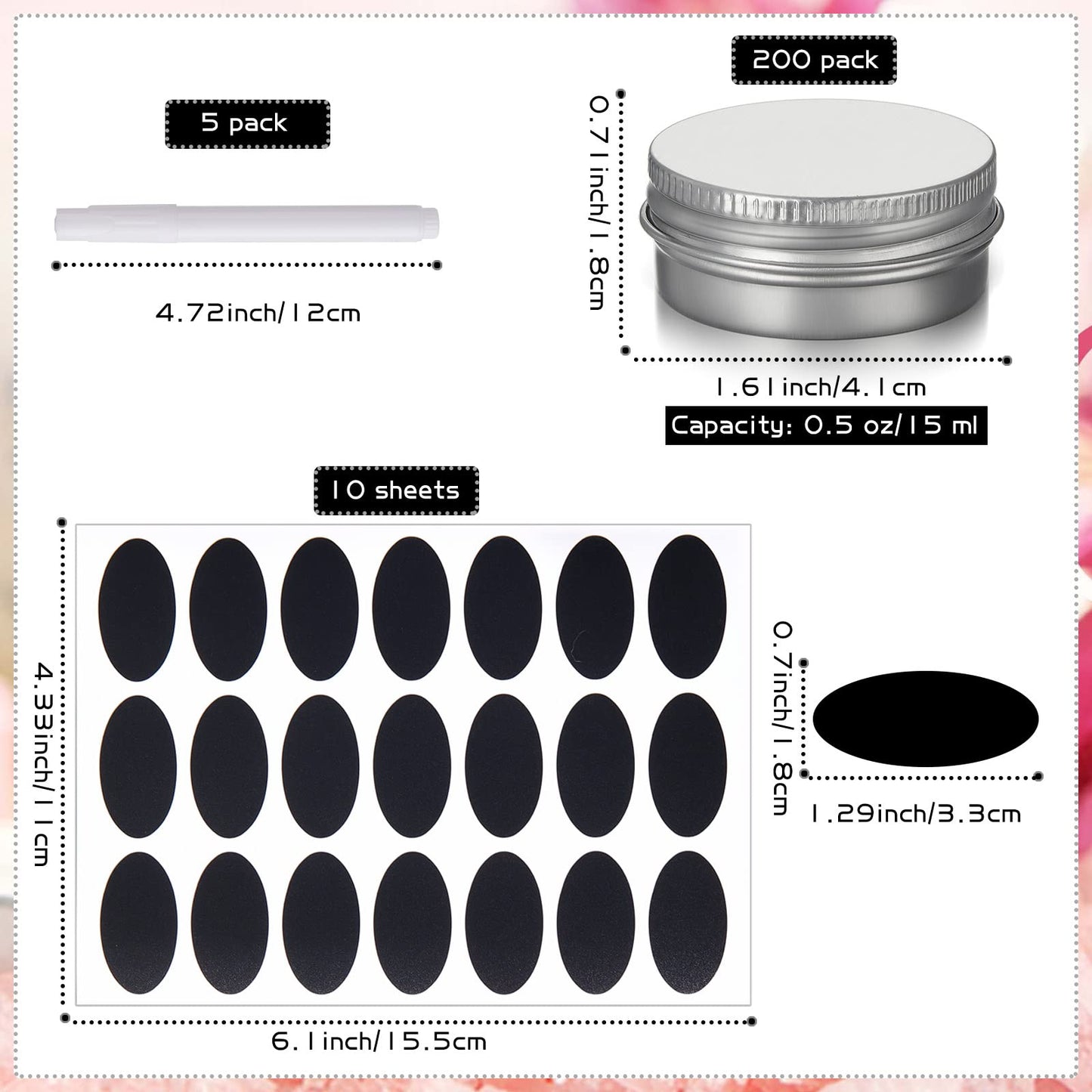 Zubebe 200 Pack Metal Tins with Lids Bulk Screw Top Aluminum Tin Containers Round Tin Cans for Cosmetic Lip Balm DIY Salves Candles Wax with 5 Markers 10 Sheets Label Stickers (Silver,0.5 oz)