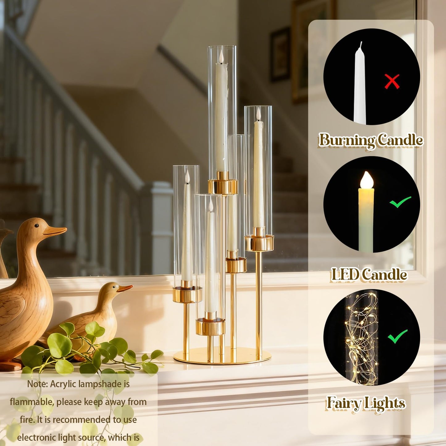 KEHAIL 5-Arm Black Metal Table Candelabra Centerpiece, 22" Tall Clear Candlesticks Holder with Shade for Valentines Day Events Party Table Centerpiece,Fit LED Candles (2, Gold, S-22 in)