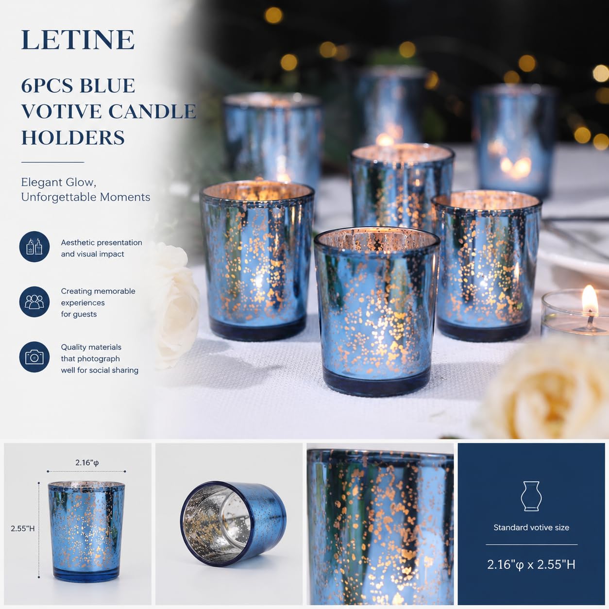 LETINE 6pcs Blue Votive Candle Holders – Standard Votive Size for Regular Votive Candles– Tea Light Candles Holder, Candle Holder for Summer Weddings, Waterfront Venues, Home Decor