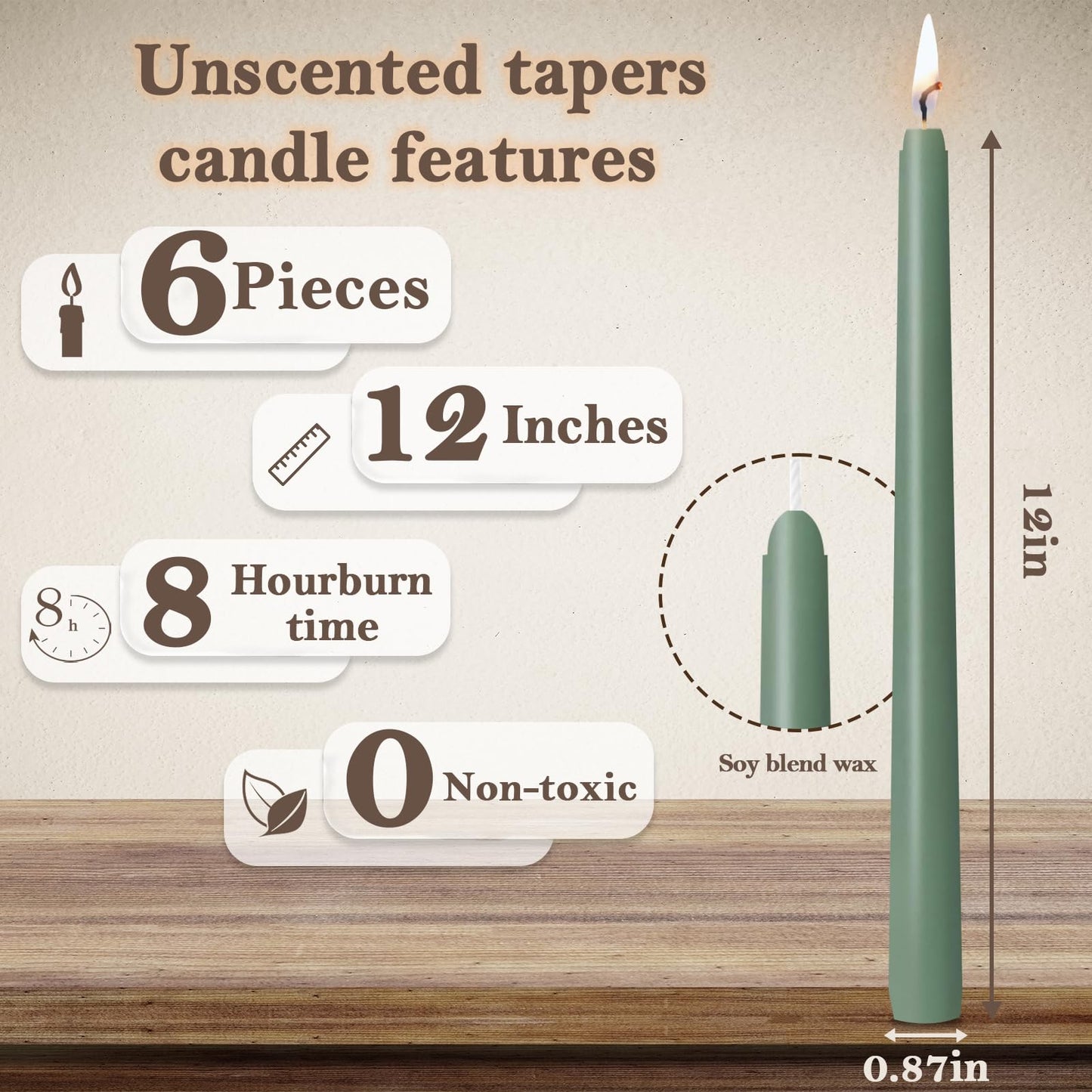 Unscented 12'' Taper Candles Set of 6 Gradual Green Tall Candlesticks for Spring Home Decor Dinner Wedding Party Holidays Christmas