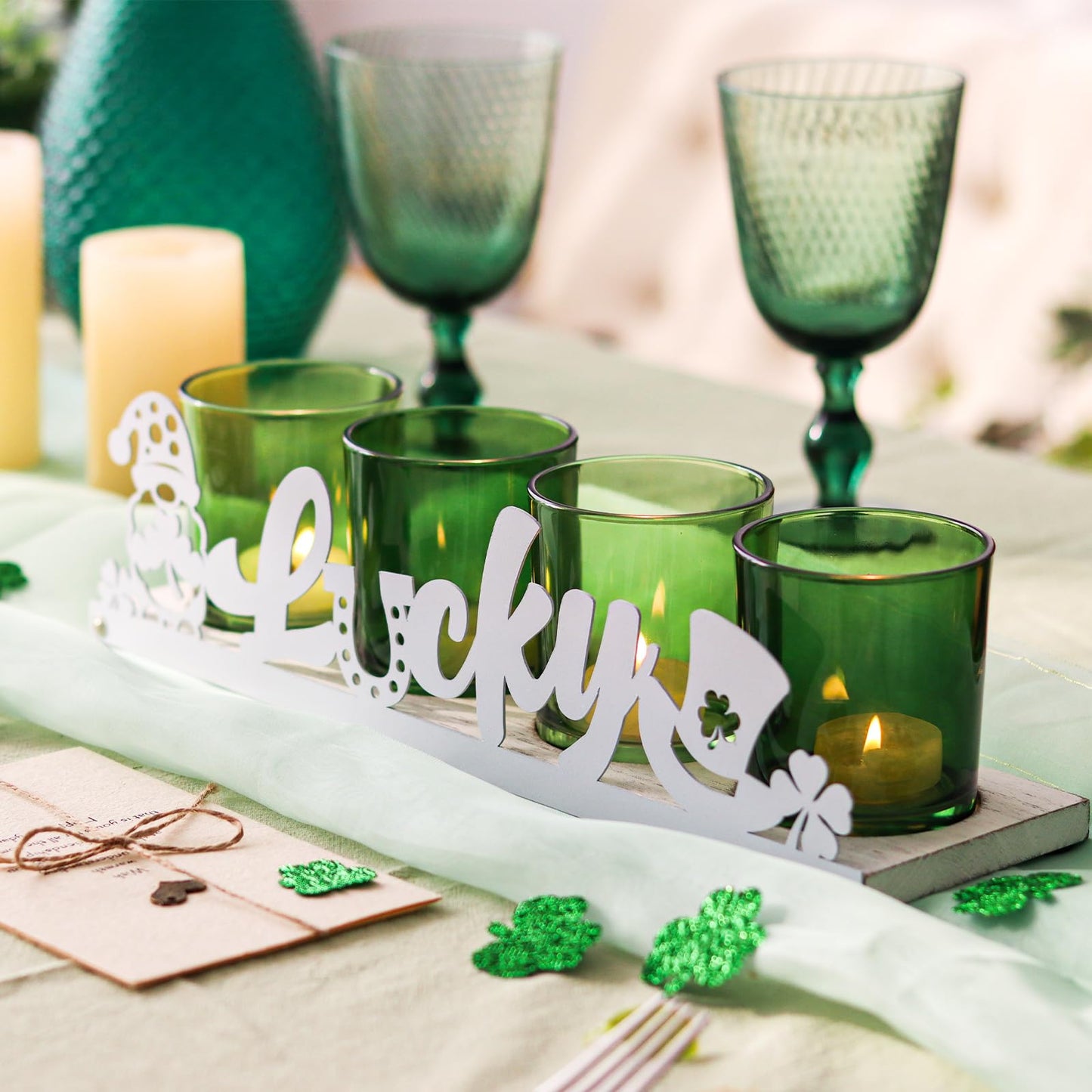 SYFURNIX St Patricks Votive Candle Holder Set, Includes 4 Glass Tealight Holders & 1 Wooden Candle Tray, Green & White St. Patrick's Day Decorations for Table, Office & Indoor Decor