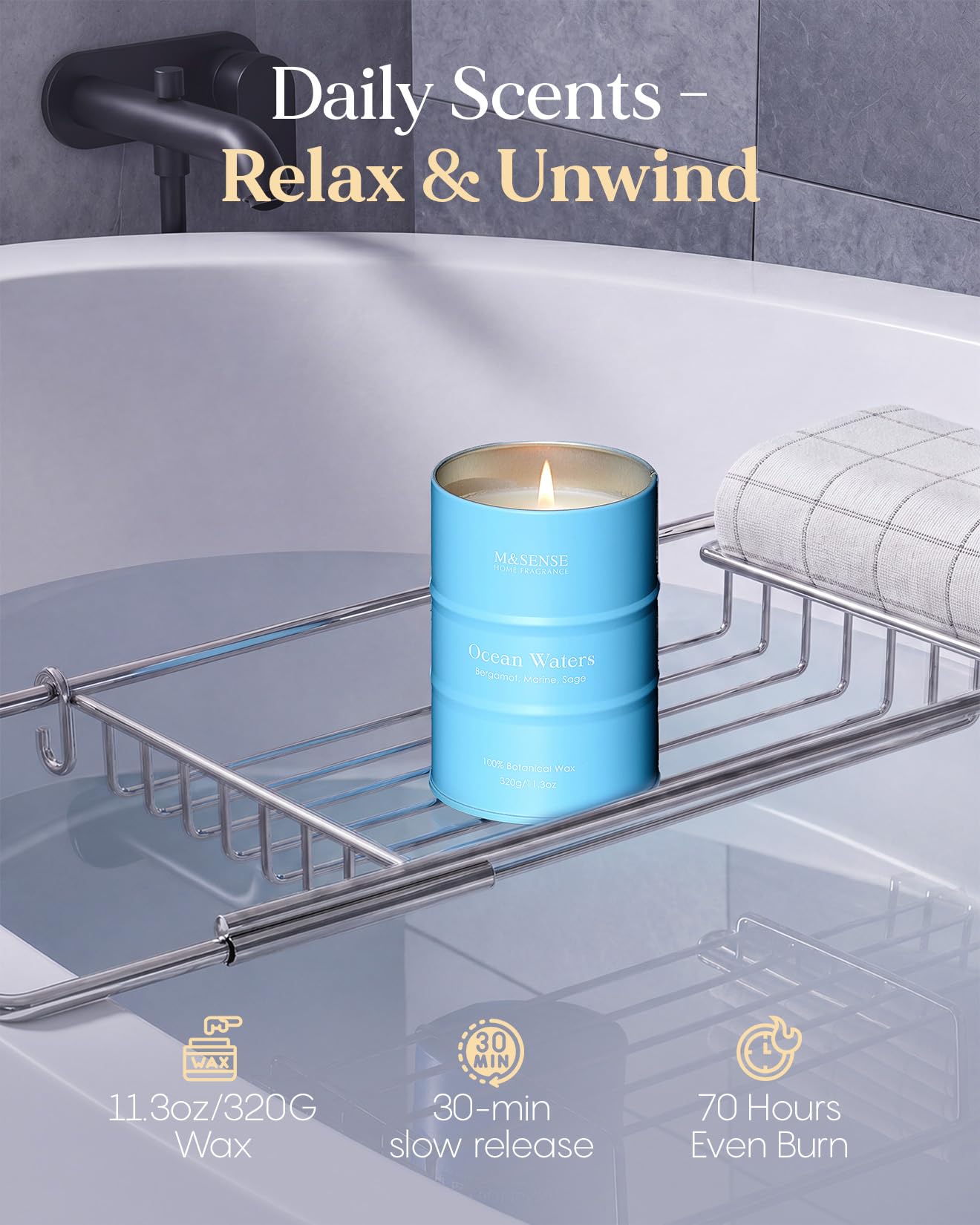 M&SENSE Ocean Waters Scented Candles Summer Soy Candle,Beach Candle for Stress Relief Meditation Relaxing, Housewarming Gifts for Women Men, 11.3oz 70 Hour Long Burning