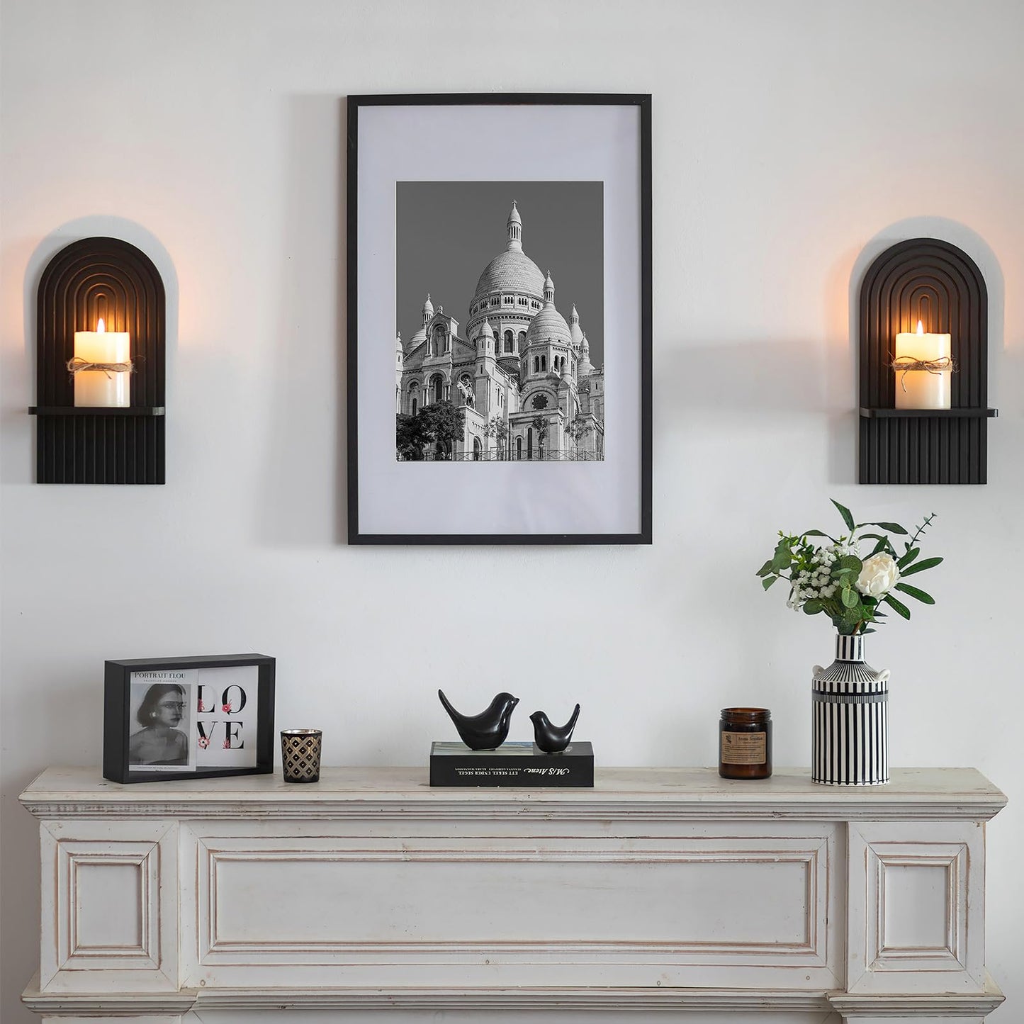 Walasis Black Boho Candle Sconces Decor: Set of 2 Wood Mid-Century Wall Candle Holder for Hallway Fireplace Bedroom - Arch Wall Shelf for Plants Pillars Candles