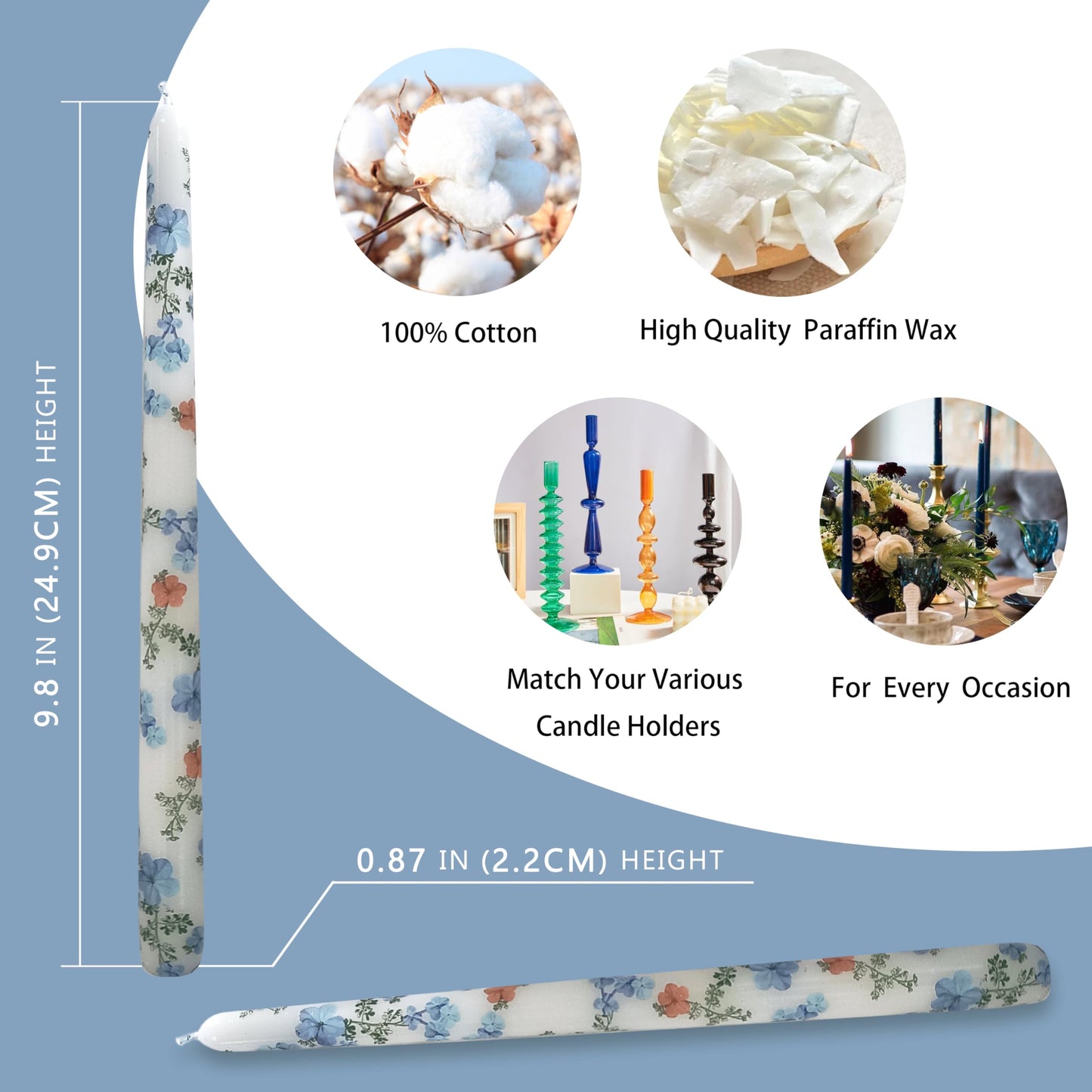 Printed Taper Candles Set of 2 – Hydrangea 10 Inch Candlesticks, Handmade Tapered Candles Unscented Long Candle for Wedding Dinner Table Home Decor