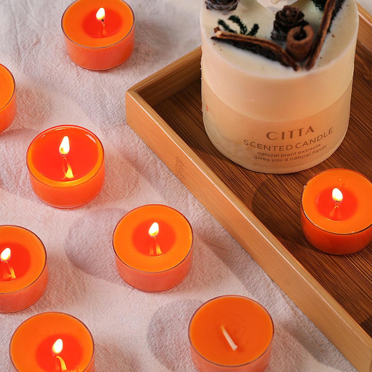 Pumpkin Cinnamon Scented Tealight Candles – 14 Pack, 100% Pure Palm Wax, 6-Hour Burn, Orange Scented Candles for Fall Decor, Thanksgiving, Halloween, Cozy Ambiance