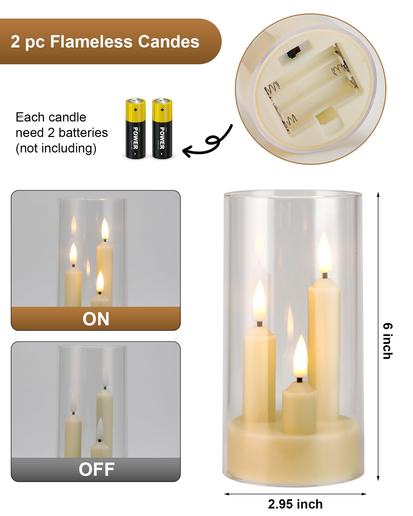 Enido 2 Pc Flameless LED 3-in-1 Taper Candles with Remote & Timer, Battery Operated Acrylic Pillar Set, 3" x 6" Flickering Electric Lights for Cozy Home & Holiday Romantic Decor (Clear)