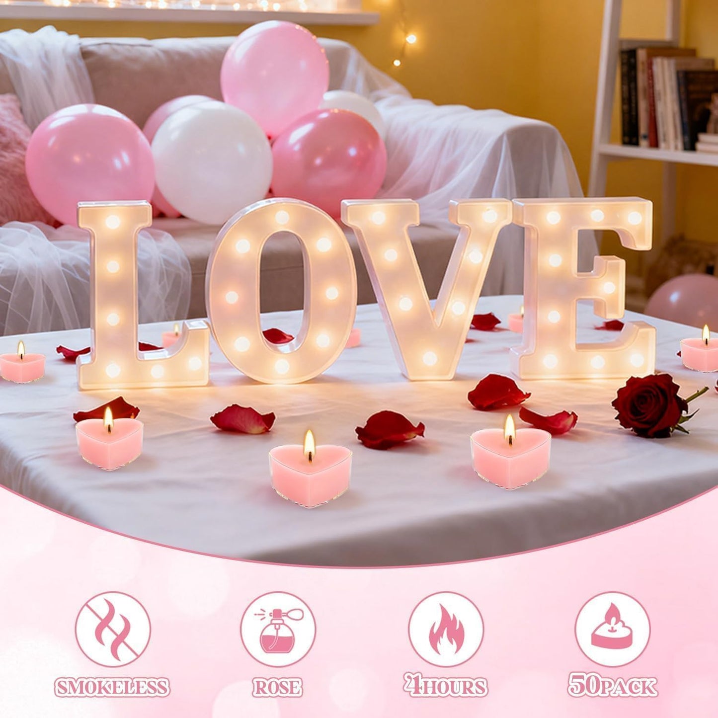 50-Pack Pink Heart Tea Wax (4-Hour Burn) - Rose-Scented Candles for Valentine's Day, Anniversaries, Weeding,Pool Parties & Romantic Decor & Special Occasions.