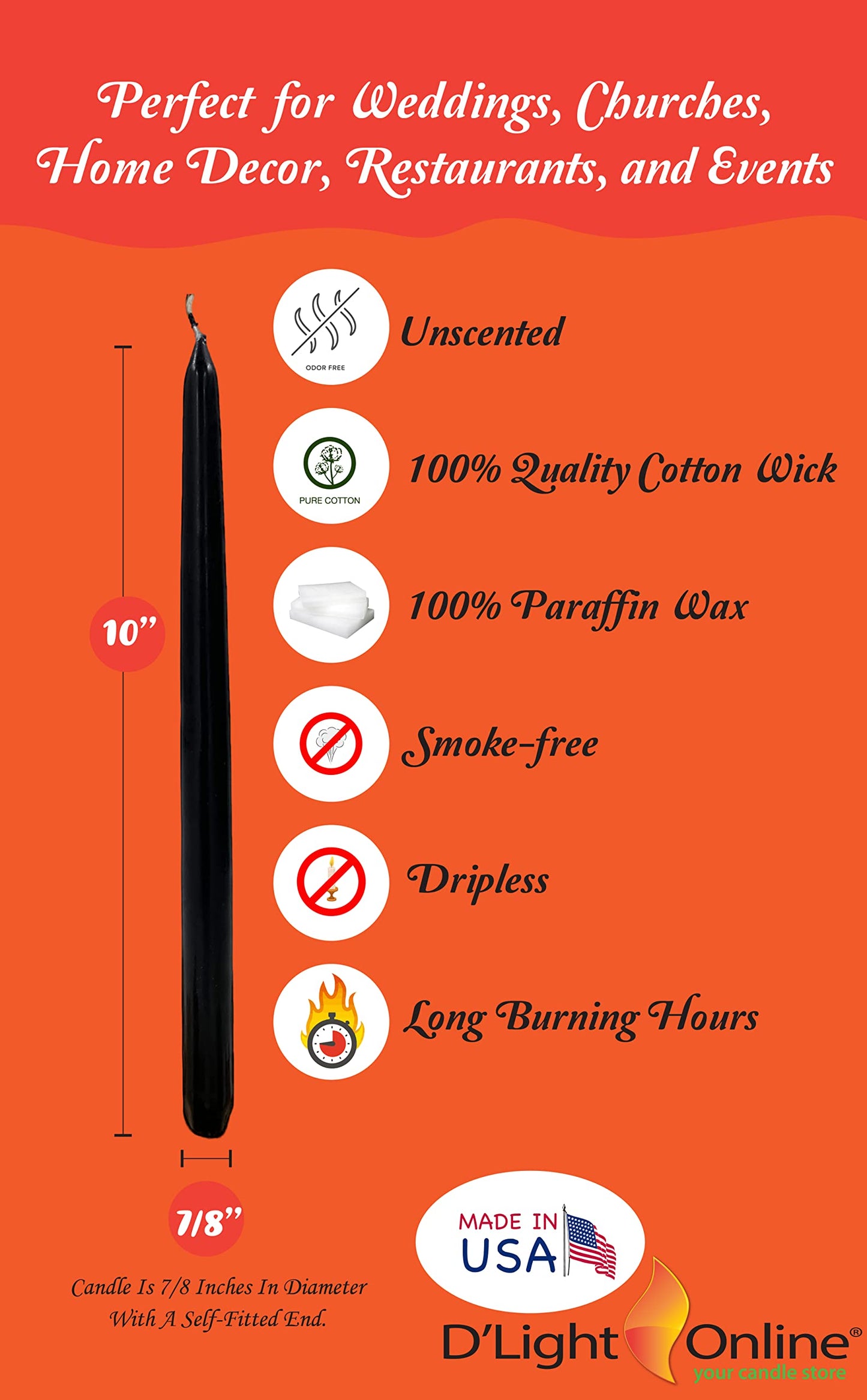 D'light Online Elegant 10" Black Tie Taper Candles Premium Quality- Unscented, Hand-Dipped Tapered Candles, Dripless and Smokeless - Set of 12 (10 Inch, Black Tie)