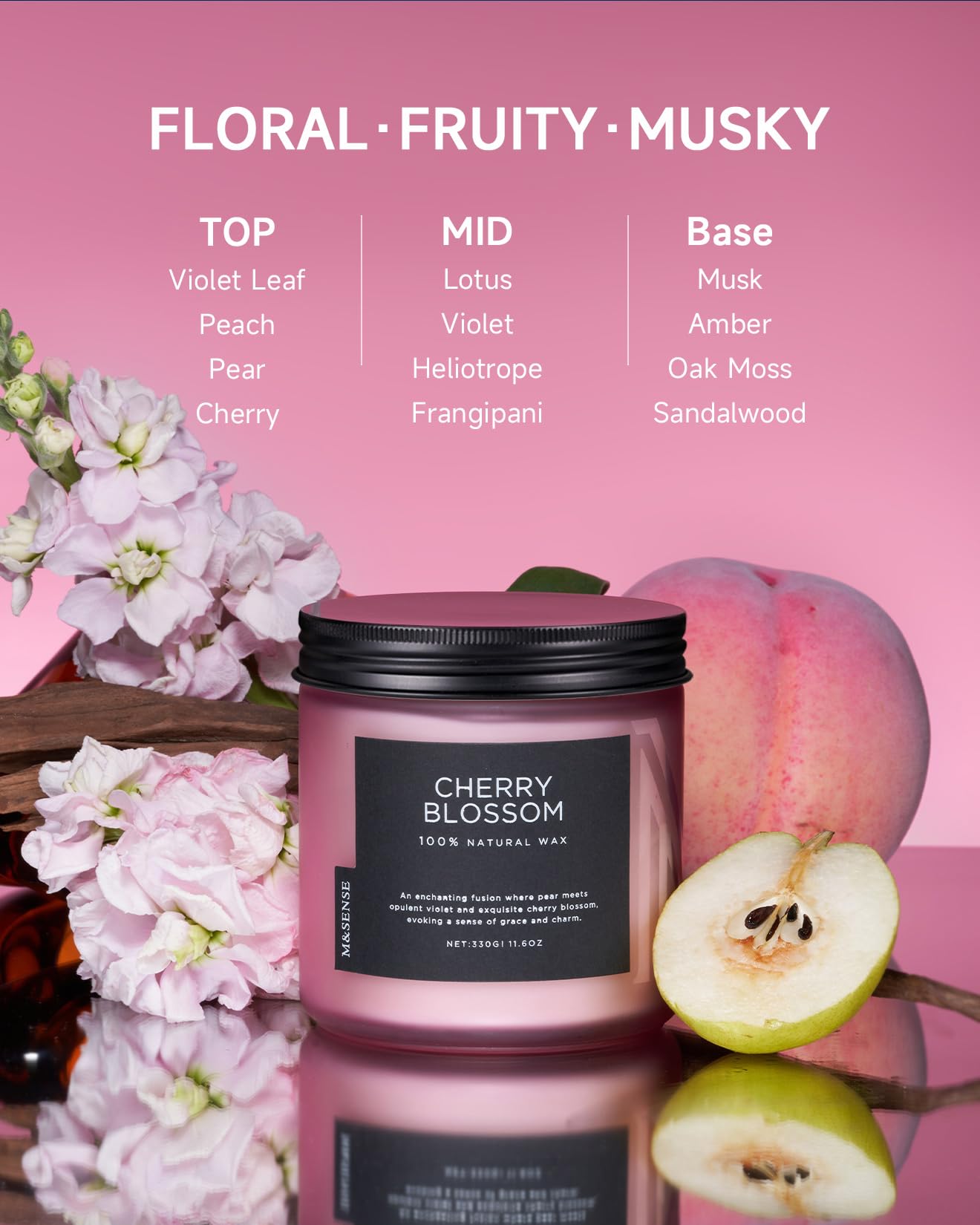 M&SENSE Cherry Blossom Home Scented Candles, 11.6oz Natural Soy Wax, Non-Toxic Clean Burning, 70-Hour Burn Time, Spring Floral Aromatherapy for Stress Relief & Relax, Relaxing Candle Gifts for Mom