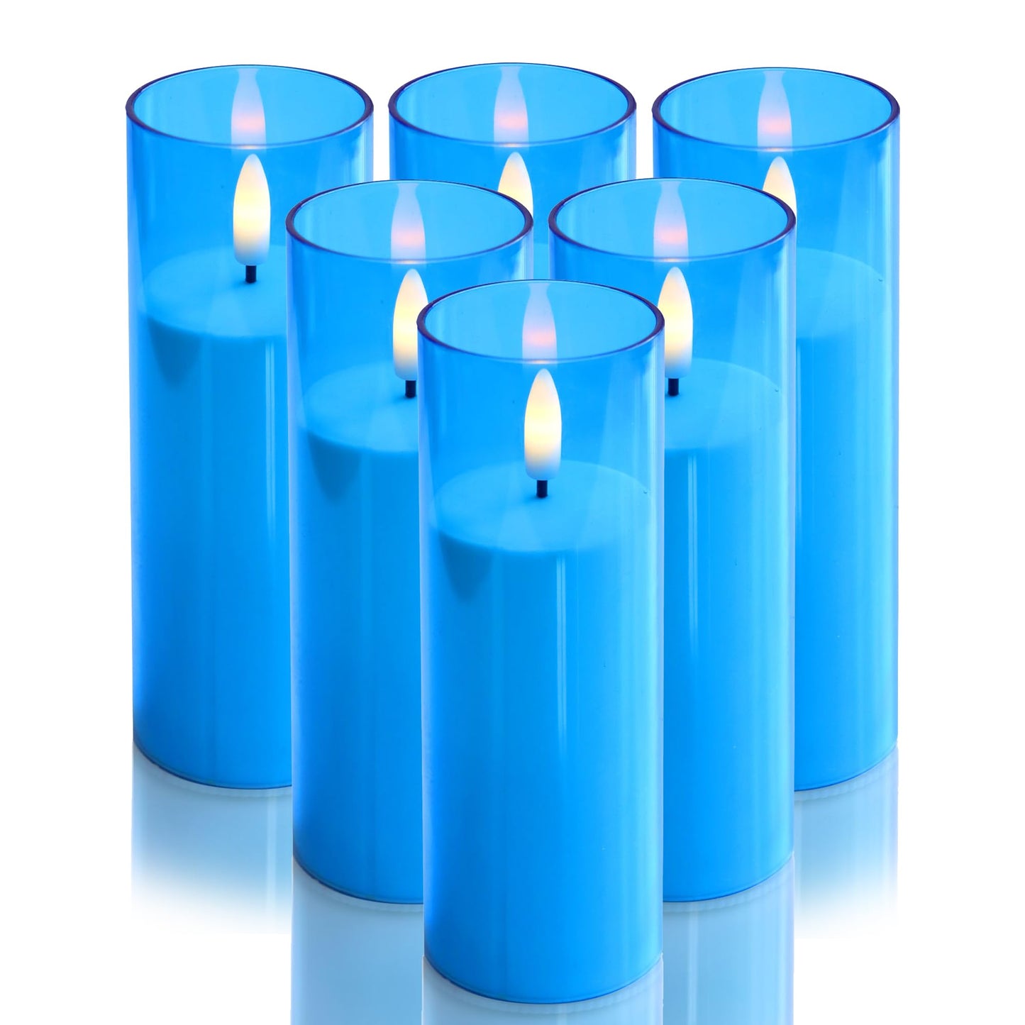 CANDLE CHOICE Indoor Outdoor Flameless Candles with Timer Waterproof Realistic Flickering Battery Operated Pillar LED Lights with Acrylic Shell Wedding Party Christmas Decorations 6 Pack 2”x6” Blue