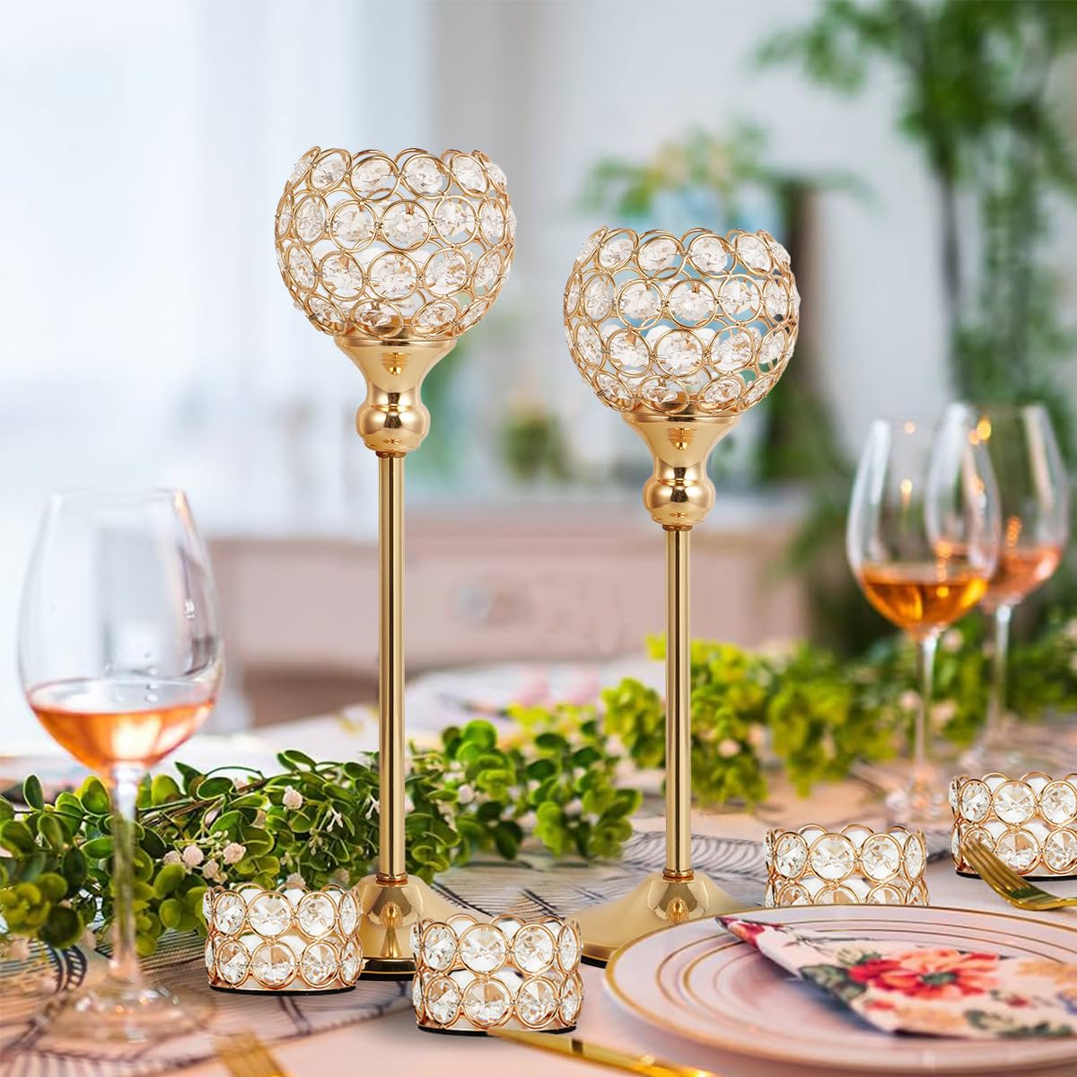 VINCIGANT 16PCS Gold Crystal Candle Holders Pillars for Wedding Decoration,Votive Crystal Candle Holders for Dinner Table Room Party Rhinestone Decorative