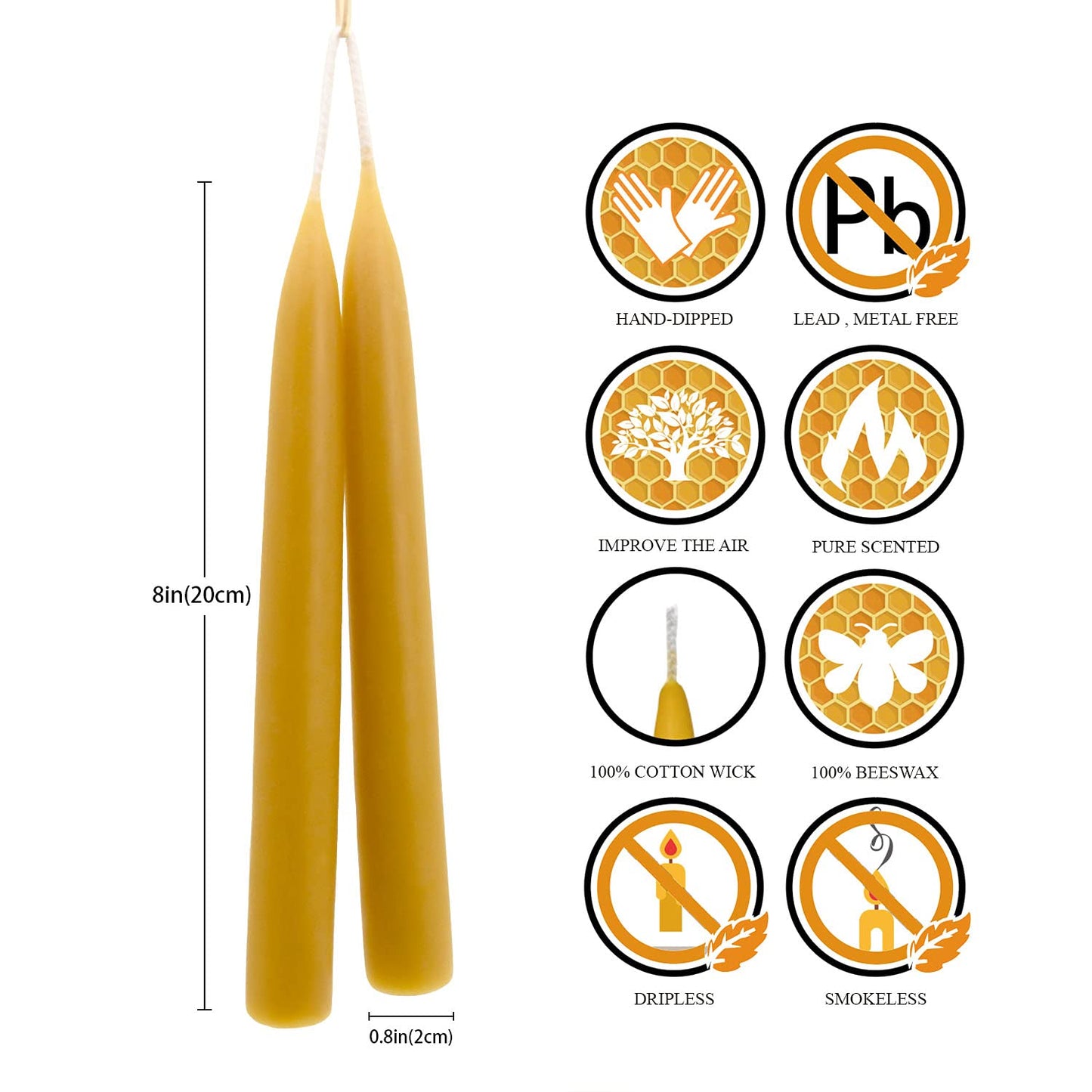 8 inch Natural Beeswax Taper Candles Set of 6, DEYBBY Smokeless and Dripless Organic Natural Beeswax Candles for Home Dinner Decor Emergency Housewarming Gift, Long Lasting Burning, Nontoxic