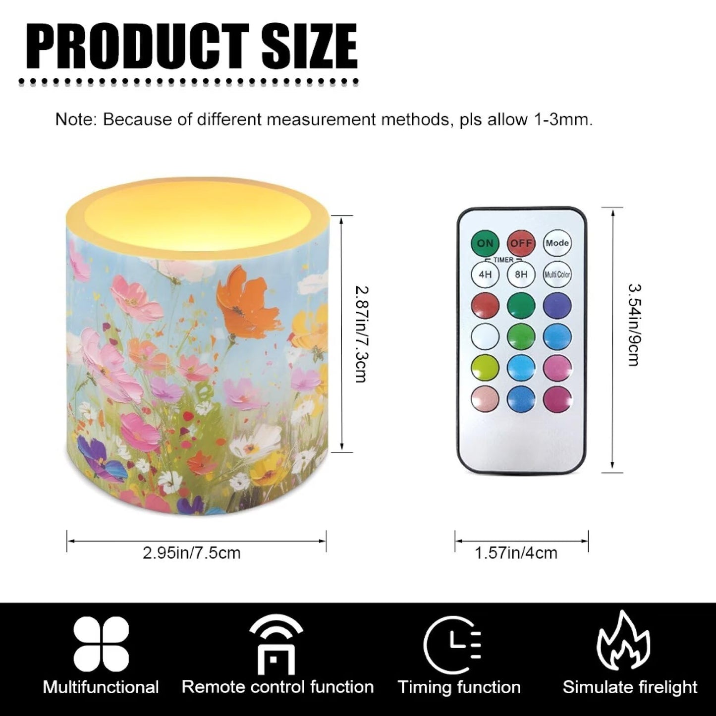 NETILGEN 3 inch Flameless LED Candles with Remote Timer Set of 4 Watercolor Daisy Floral Print Realistic Flickering Flameless Candles with Battery Powered