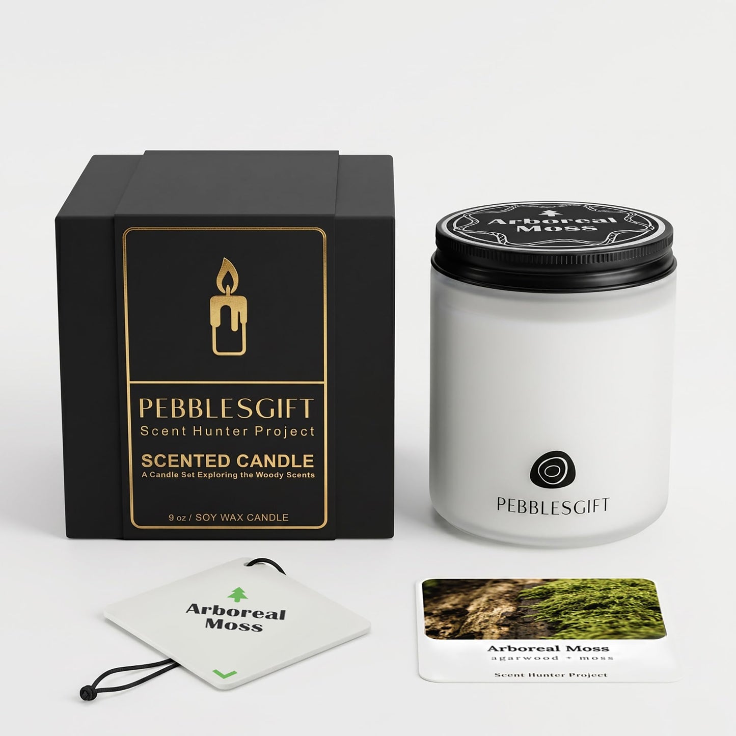 PebblesGift Wood Scented Arboreal Moss Candle 9oz Soy Wax Frosted Glass Jar for Home Decor - Scent Hunter Project Aroma Discovery Card Included - Ideal Gift for Self-Care & Relaxation