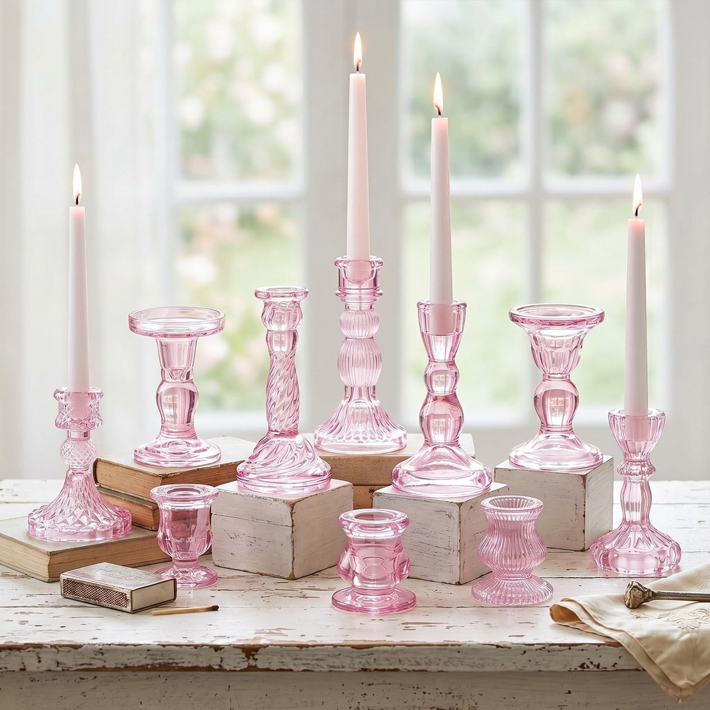 Mumufy 10 Pcs Glass Crystal Taper Candle Holders Clear Glass Candlestick Holder Fit 0.8 Inch Candles Crystal Decorative Candle Stand Centerpiece Table Wedding Dining Party (Classic,Pink)