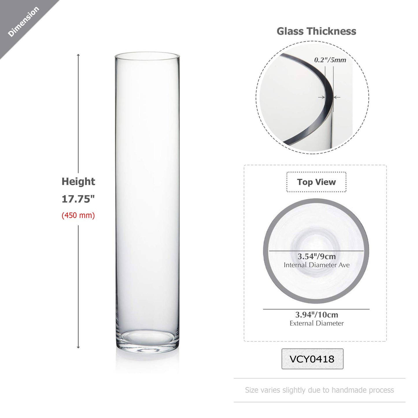WGVI Quality Thick Weighted Tall Clear Cylinder Glass Vases, 4" W x 18" H, Flower Arrangement Floating Candle Holders Wedding Centerpieces Event Floral Container Display Decor, Bulk Wholesale, 6 Pcs