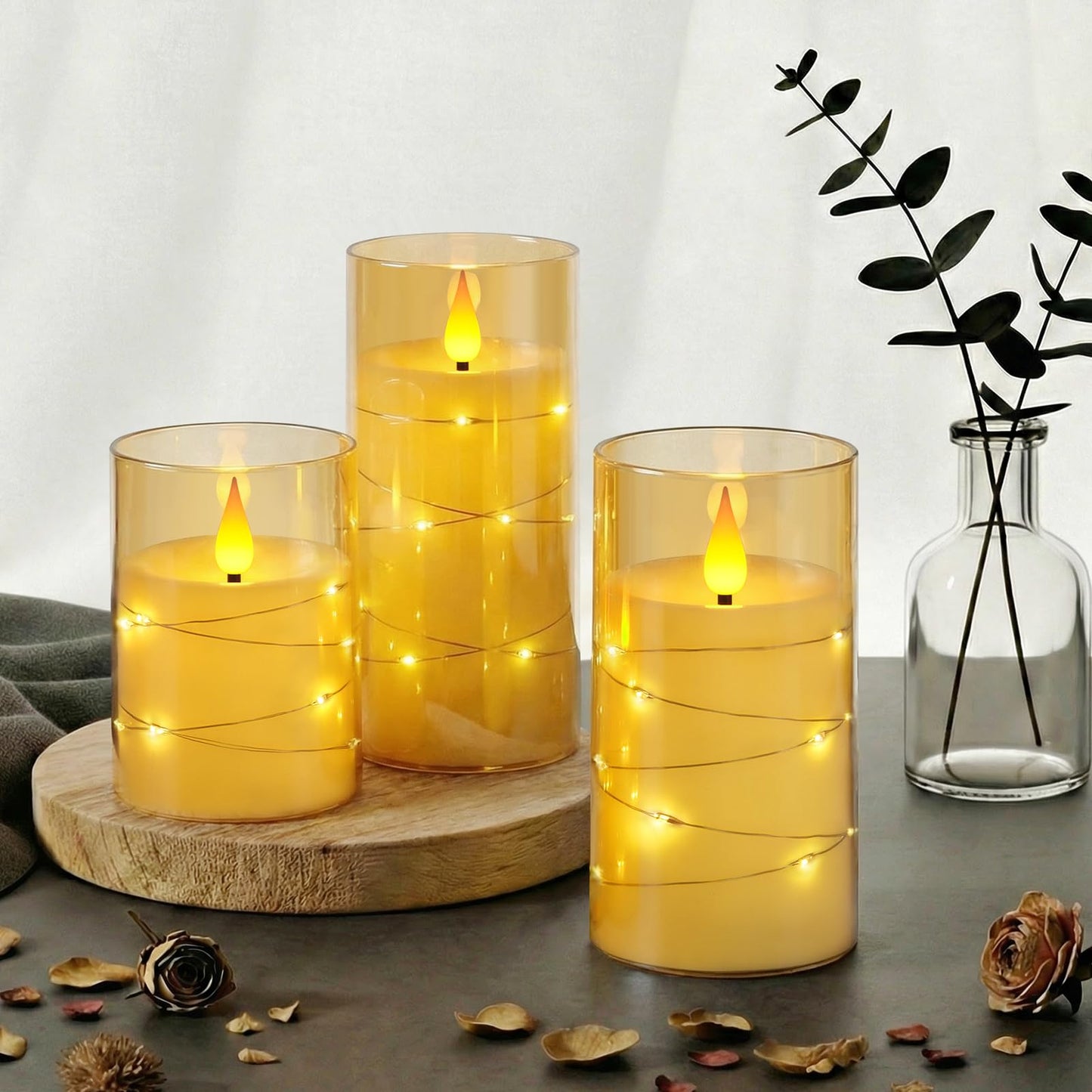 Homemory Flameless Candles with Embedded Star String Fairy Lights, Battery Operated Candles, LED Candle, Fake Candles with Remote Control and Timer, Gold, Set of 3(H 4" 5" 6”)