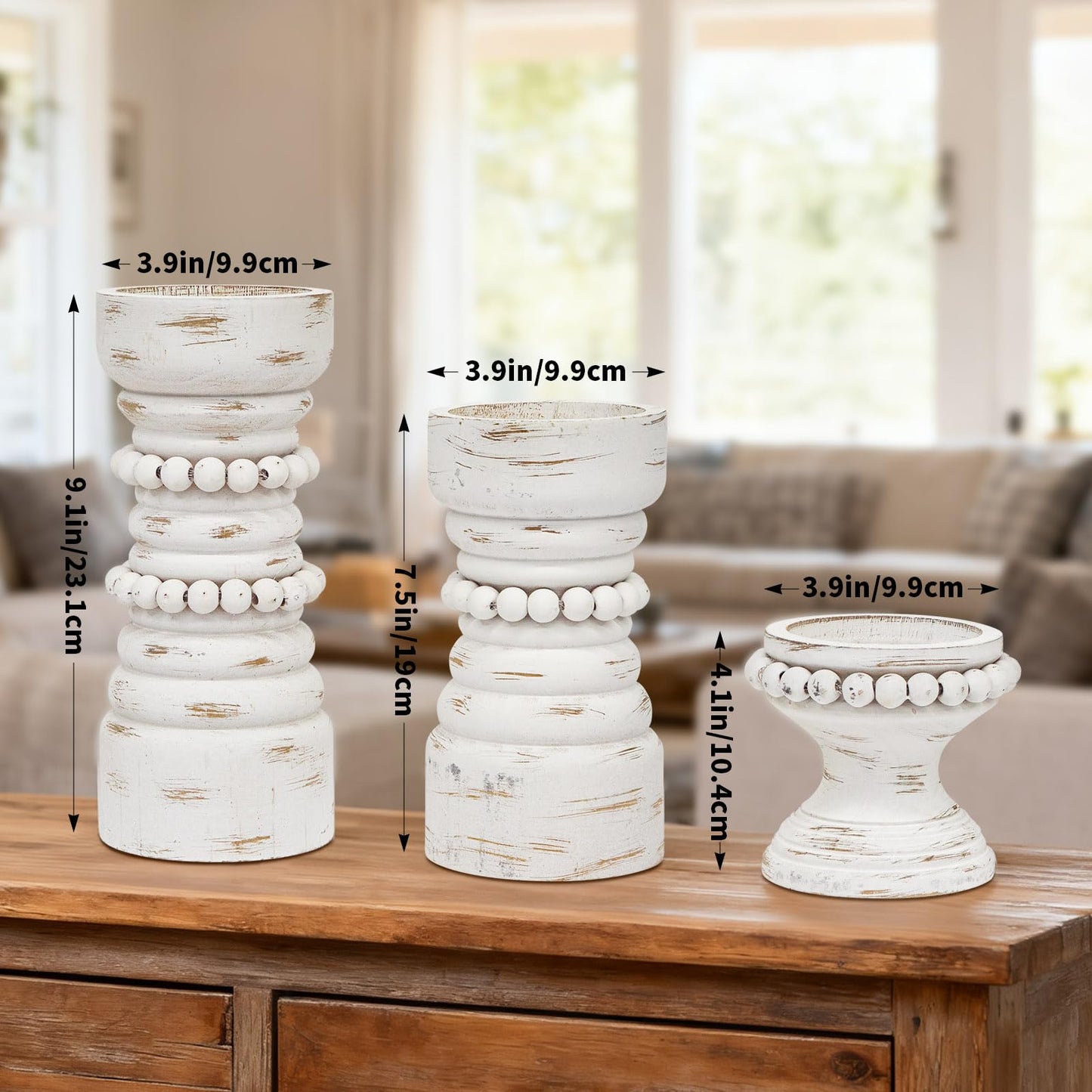 MODE HOME Rustic White Wood Candle Holders Set of 3, Farmhouse Beaded Wood Pillar Candle Holder, Candle Holders for Pillar Candles & Candlesticks, Candle Sticks Holder Decor for Table Centerpiece